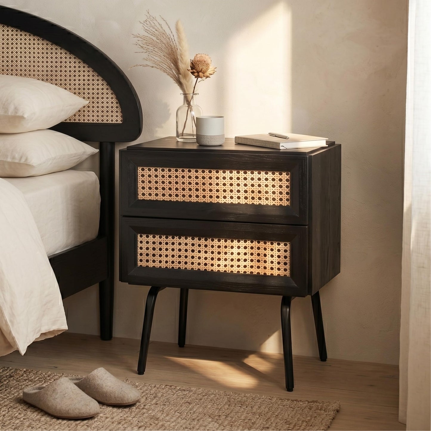 NTC Solid Oak Drawer Face Lulu Nightstand with Natural Rattan Drawer, Mid-Century Side Table for Bedroom, Bedside Furniture, End Table – Waterproof, Heat Resistant, Easy to Assemble – Burnt Black