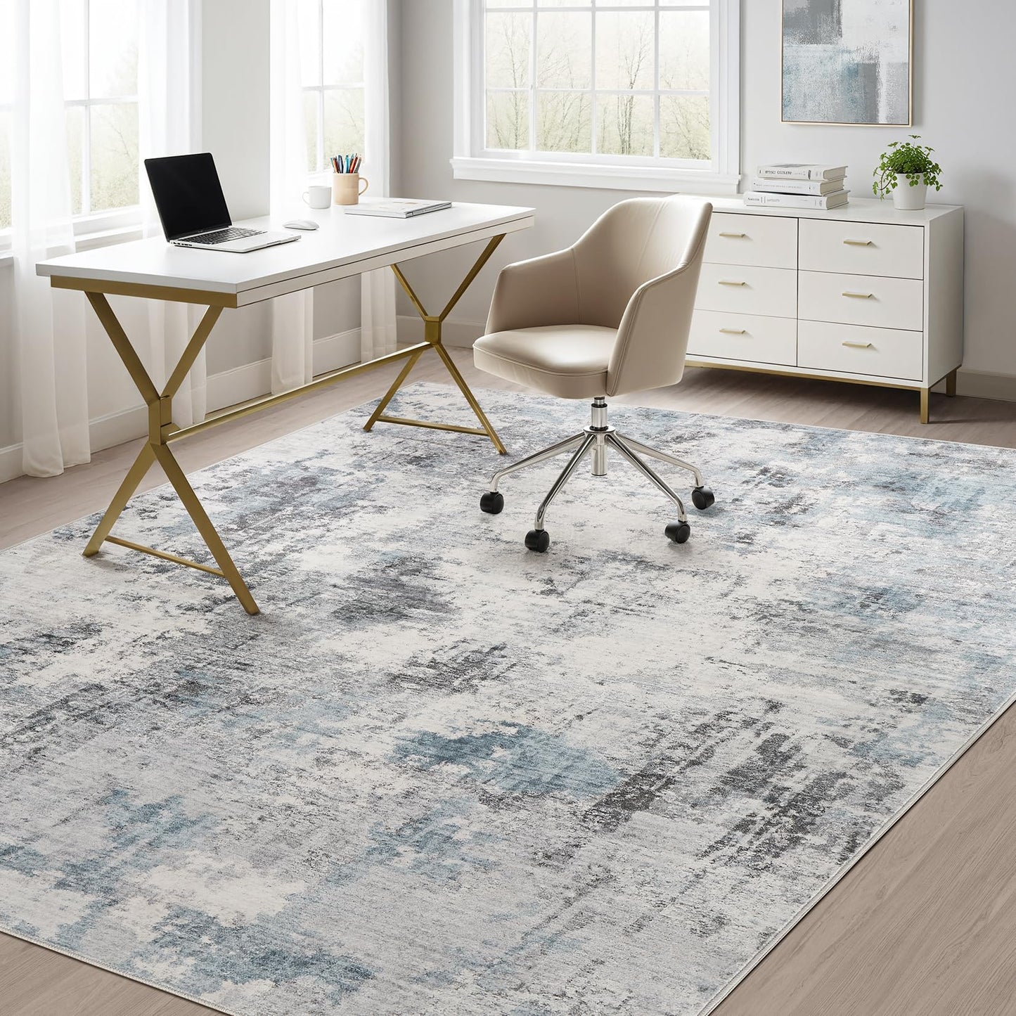 TARANCH Abstract 12x18 Area Rug: Machine Washable Non Slip Ultra Thin Low-Pile Carpet, Soft Stain Resistant for Living Room Bedroom Office, Kid Pet Friendly, Robot Vacuum Compatible - Grey Blue
