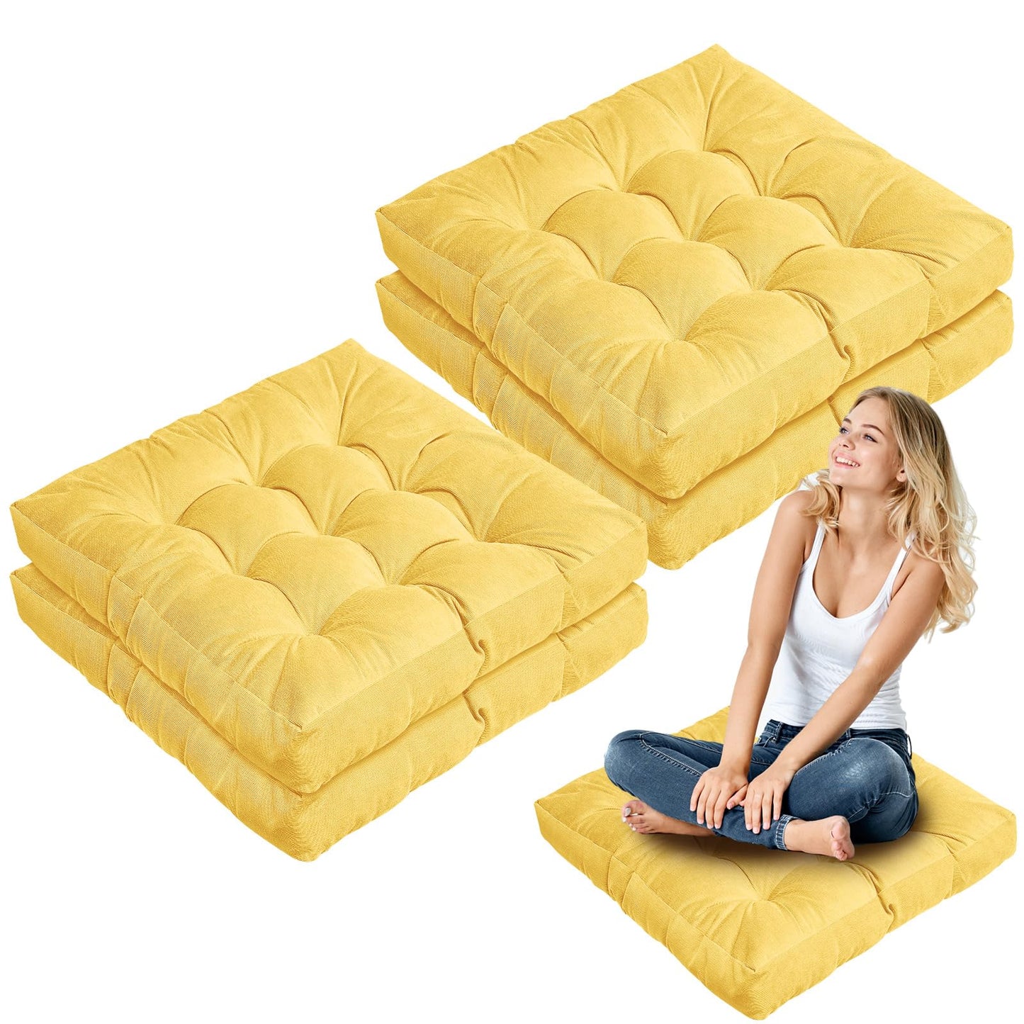 Jerify Floor Pillow Cushions Large Round Square Large Meditation Floor Pillow for Classroom Adult Meditation Picnic Party Seating Learning Daycare School(Square,Yellow,4 Pcs)