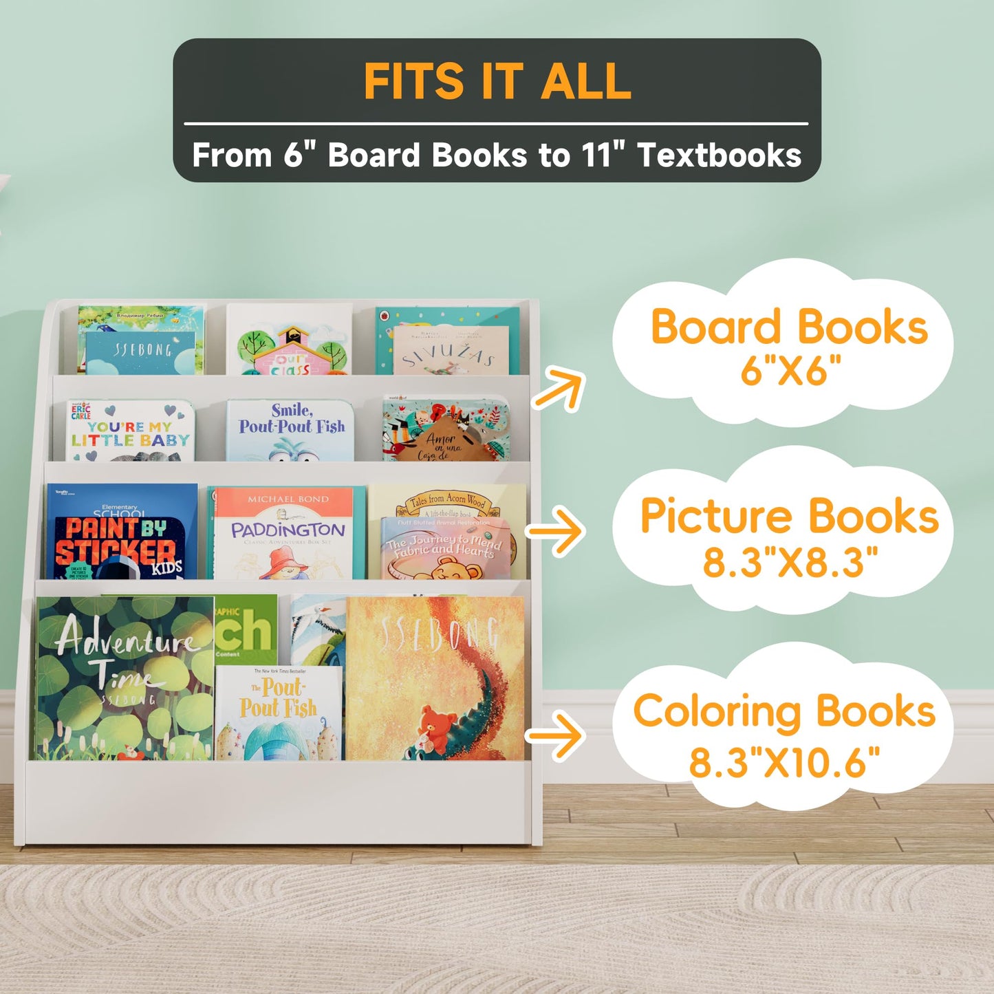 2-in-1 Montessori Kids Bookshelf - Toddler Nursery 4 Tier Wooden Kids Book Shelf, Display Book Shelf for Kids Rooms, Children Bookcasewith Toy Rolling Cart, for Toddler Nursery, Playroom & Classroom