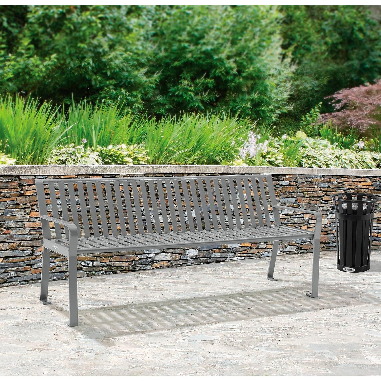 Global Industrial 6 ft. Outdoor Heavy-Duty Portable Park Bench with Back, Vertical Steel Slat, Corrosion-Resistant Gray Powder Coat Finish, Unassembled