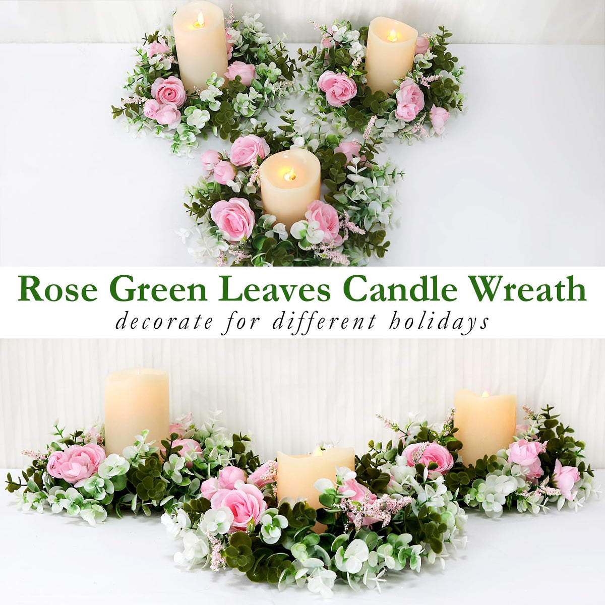 Acmee 4 Pcs Rose Candle Rings - Artificial Pink Floral Wreaths with Eucalyptus Leaves Greenery Garland for Pillar Candleholders Wedding Centerpiece Party Home Table Decor