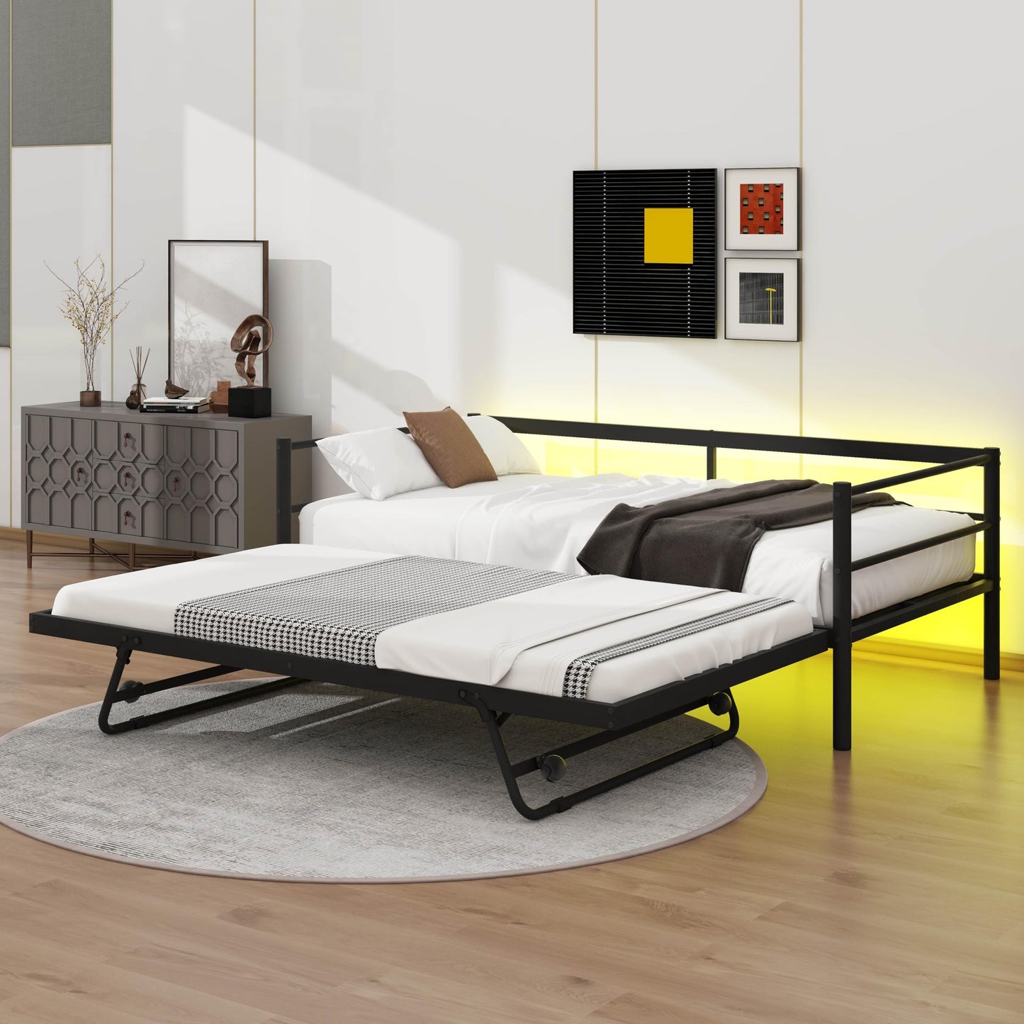 YunNianYang Twin Size Black Metal Daybed with LED and Adjustable Trundle