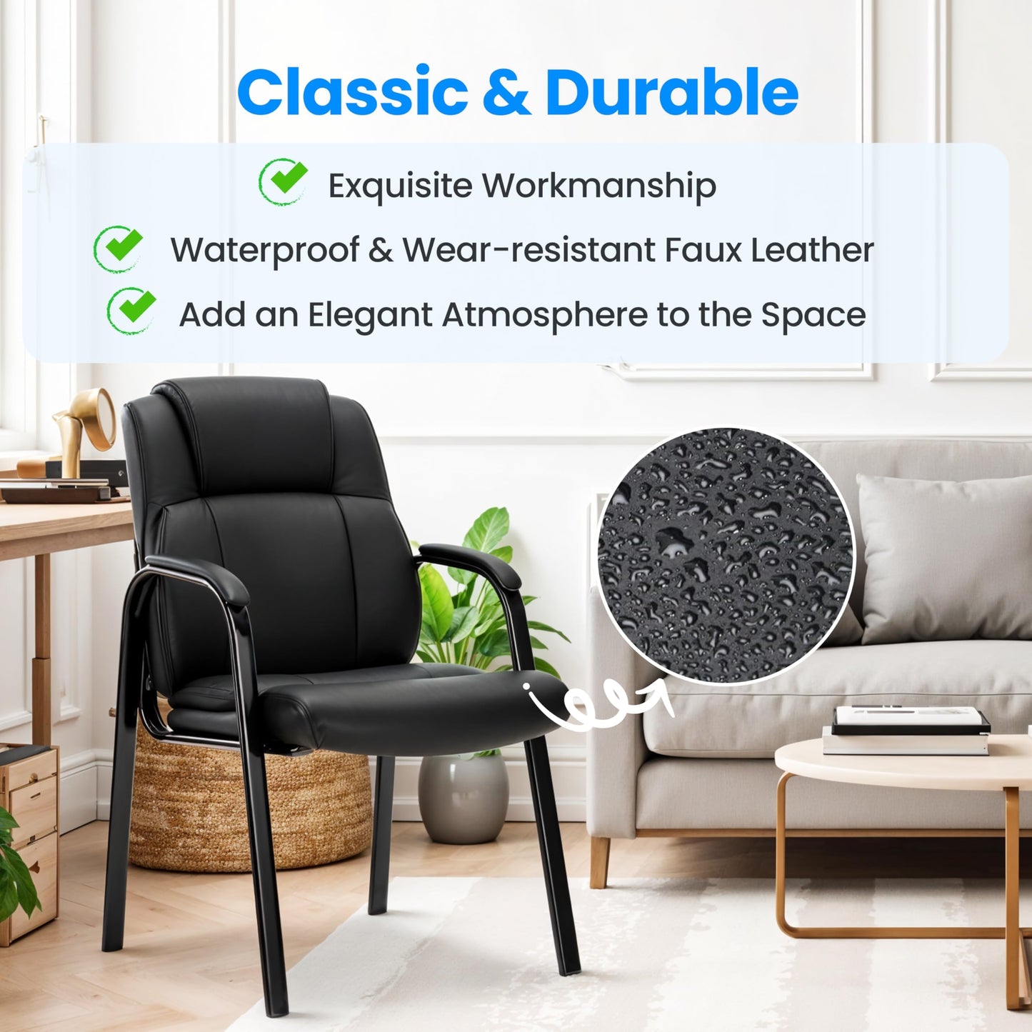 Simple Deluxe Office Guest Chair with Padded Armrests (No Wheels), Stationary Leather Reception Chair for Waiting Room, Conference Room, Lobby, Home, Desk Side & Dining, Black