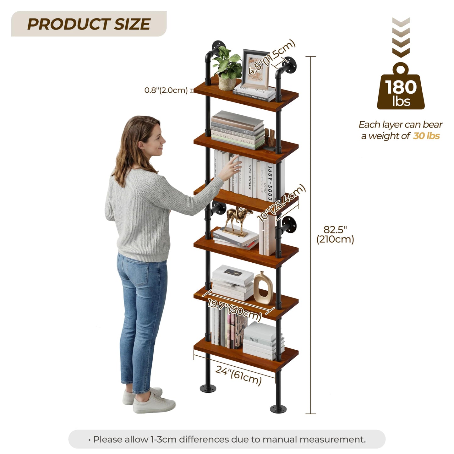 Anynice Industrial Ladder Pipe Shelves, Wall Mounted Rustic Bookshelf, Retro Metal Wood Bookcases (Walnut, 6 Tier - 10" D x 24" W x 82.5" H)