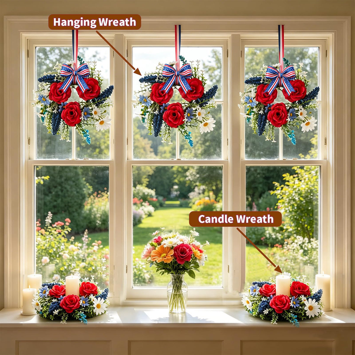Mini 4th of July Wreath 6Pcs, 11.8 Inch Small Patriotic Wreath with Ribbon, Artificial Rose Lavender Daisy Wreath, Hanging/Tabletop/Candle Ring Decor for Home Front Door, Porch, Wall, Window, Cabinets