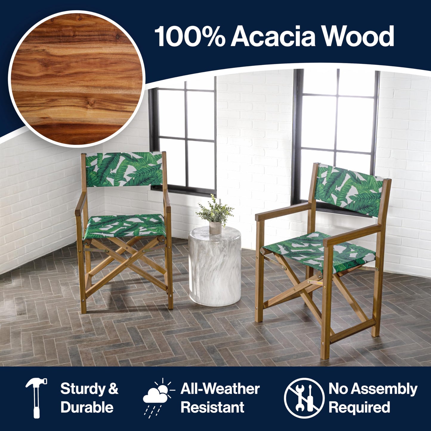 JONATHAN Y Cukor Coastal Acacia Wood Folding Outdoor Director Chair Set of 2 for Patio, Deck & Balcony, Weather-Resistant Teak Brown and Green/White, No Assembly Required DRC1001A-SET2