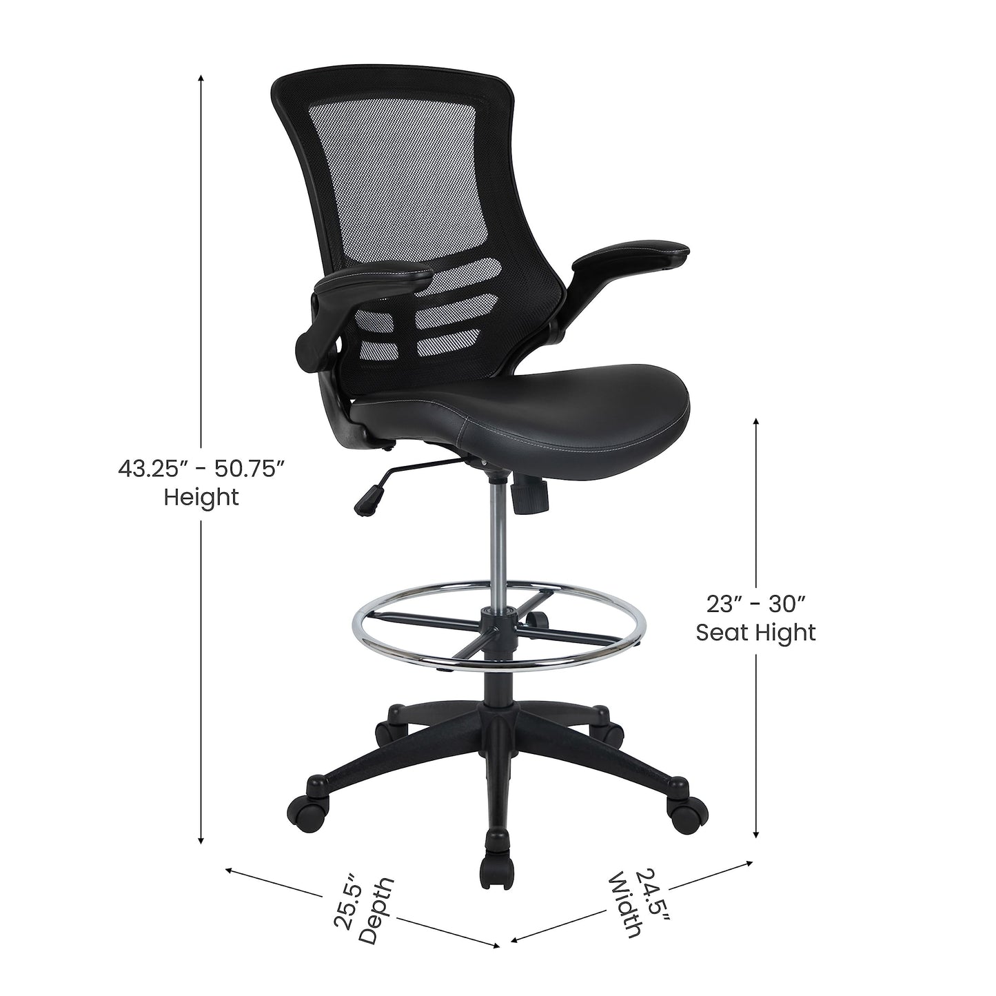 Flash Furniture Kelista Mid-Back Swivel Office Chair with Adjustable LeatherSoft Seat Height, Ergonomic Mesh Chair with Flip-Up Arms, Black