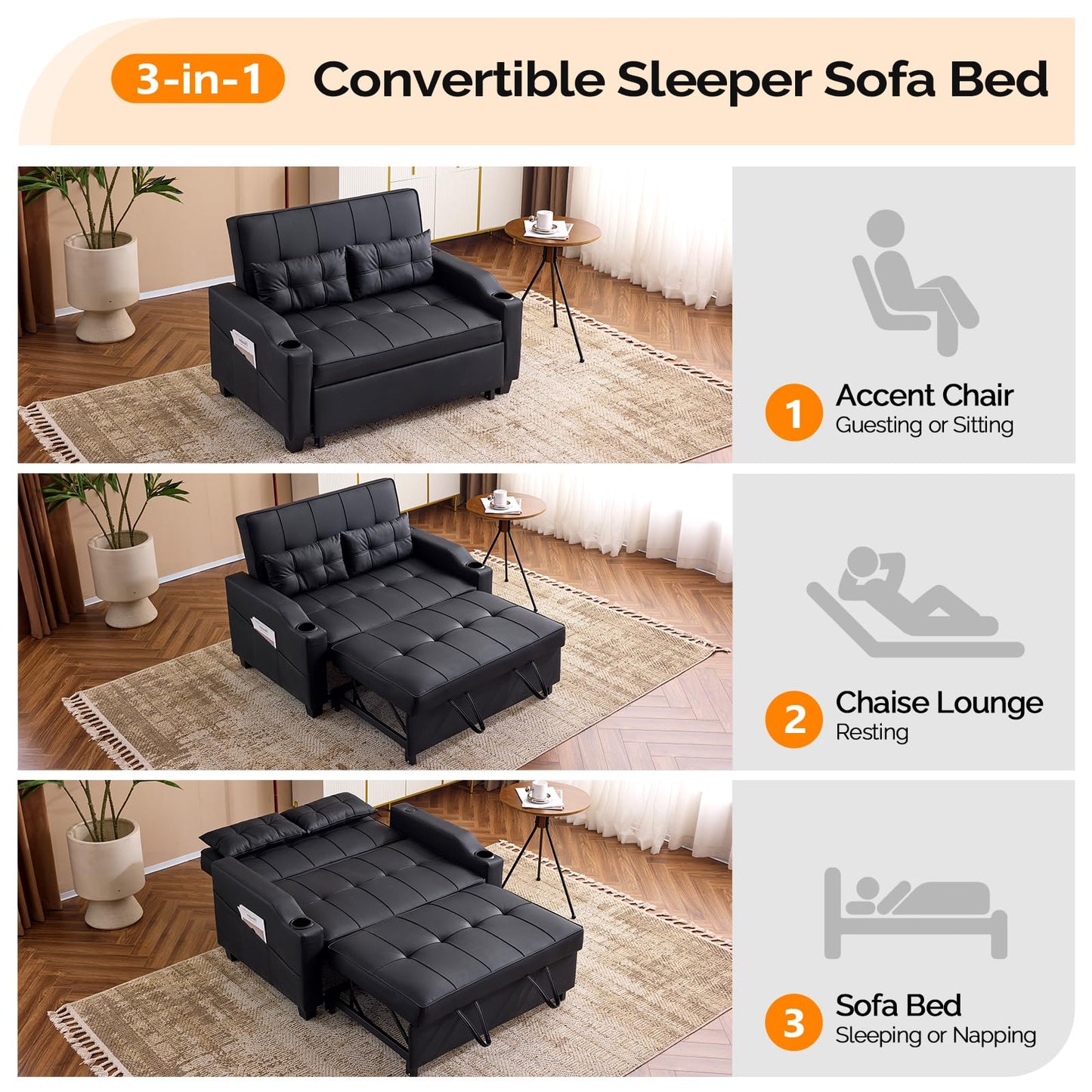 VINGLI Convertible Loveseat Sleeper Sofa, Black Faux Leather Futon Sofa Bed Pullout Couch Bed with USB Ports, Cup Holders, Armrest for Living Room, Bedroom, Home Office Apartment