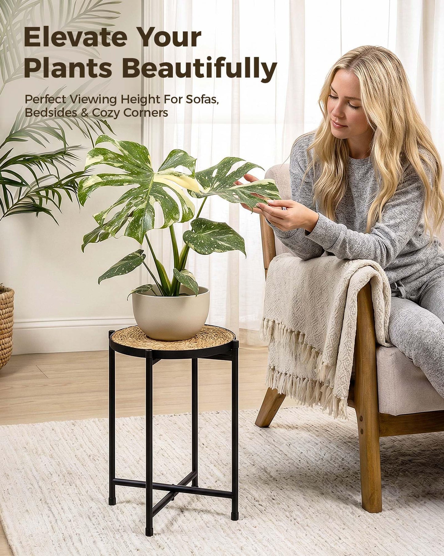 Bamworld Indoor Plant Stand Tall Plant Table Corner Plant Stool Boho Small Plant Holder Single Flower Stand for Large Plants Decor Pot Stand for Living Room Bedroom Balcony