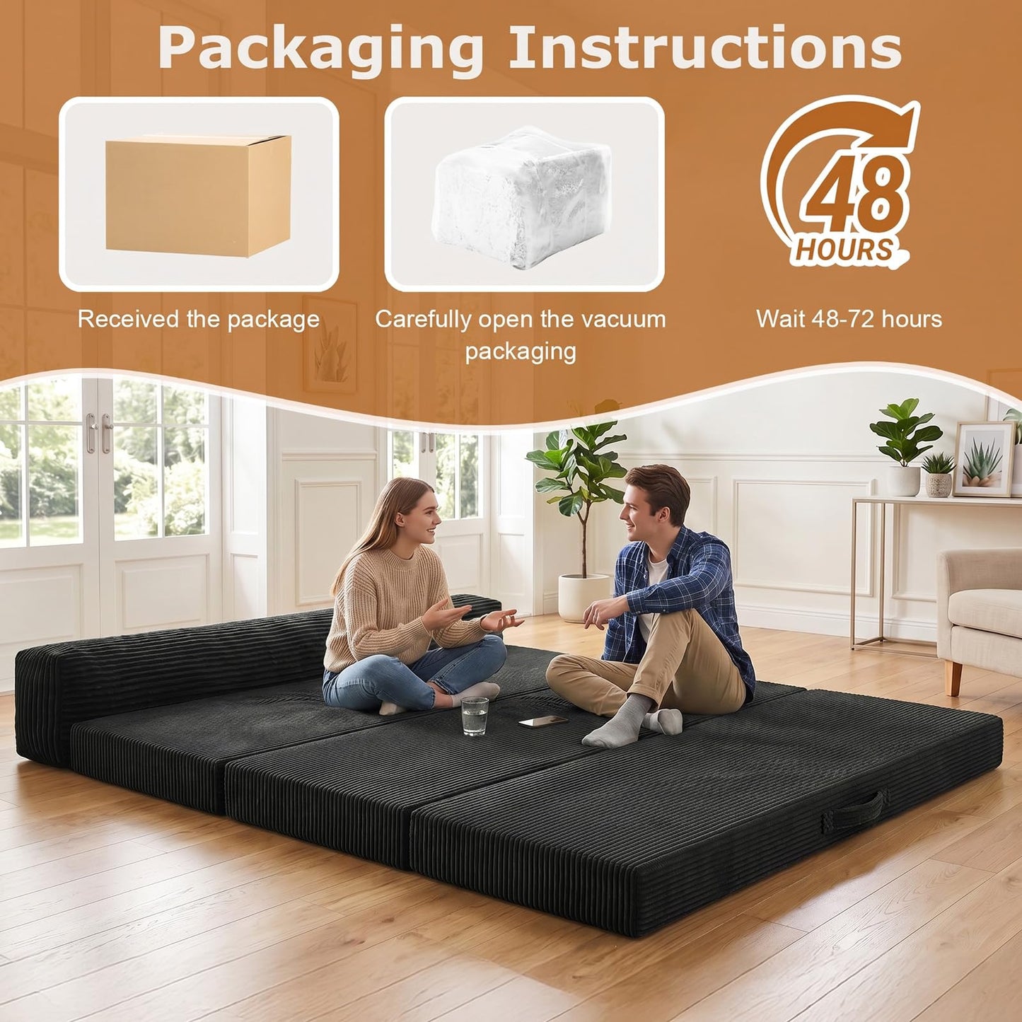 JUIKURY 5 in 1 Foldable Floor Sofa Bed, Tri-Fold Memory Foam Futon Mattress, Convertible Sleeper Couch Guest Bed, Portable Fold Out Sofa Couch for Living Room Apartment Office Guest Room