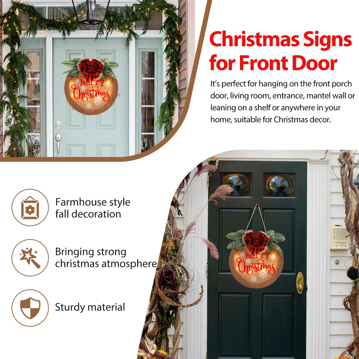 HOMCDALY Christmas Welcome Sign for Front Door, Winter Merry Christmas Wreath, Farmhouse Door Decoration Wooden Hanging Sign, Winter Home Decoration (F-Xmas)
