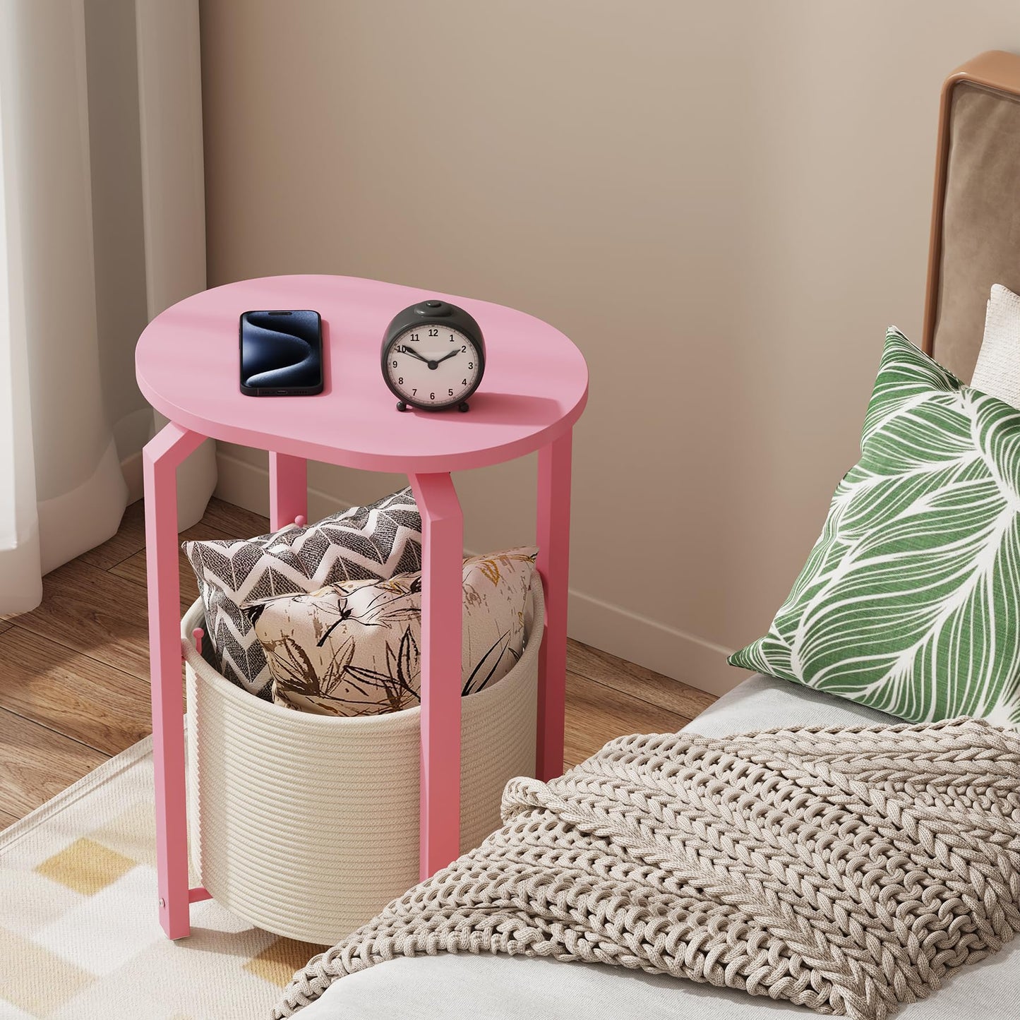 TUTOTAK Set of 2 Oval End Tables with Woven Storage Baskets, Pink Small Side Tables for Living Room, Bedroom, Pink TB01BP0932