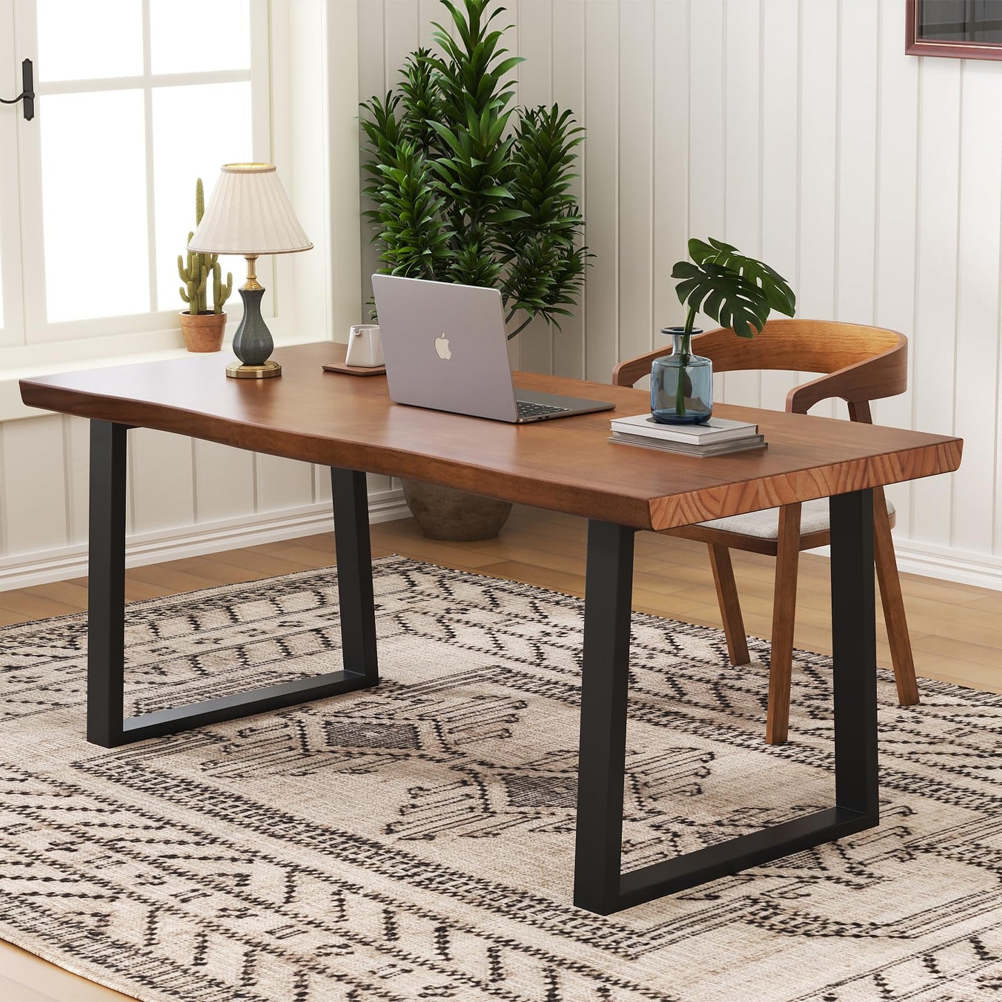 wangbochuan Solid Wood Administrative Computer Desk - Rustic Style Large Office Desk, Modern Minimalist Workstation for Home, Ideal for Learning, Writing, and Professional Use (Dark Yellow, 55.12in)