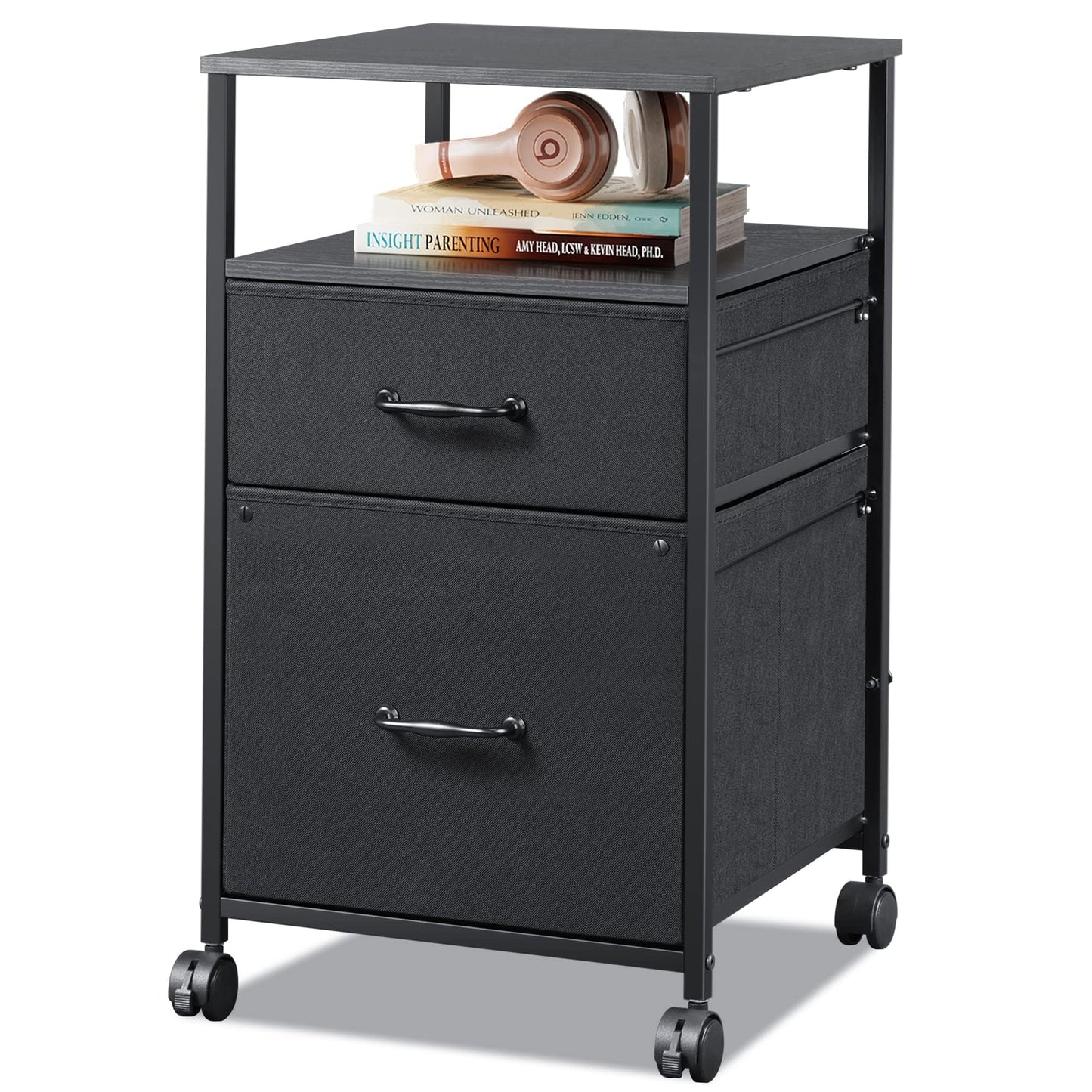 DEVAISE Mobile File Cabinet, Rolling Printer Stand with Open Storage Shelf, Fabric Vertical Filing Cabinet fits A4 or Letter Size for Home Office, Black