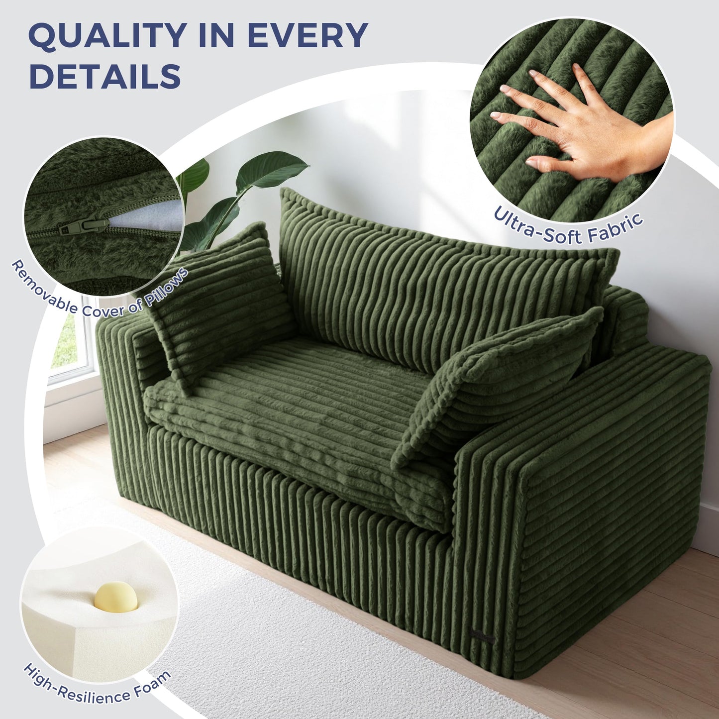 MAXYOYO 59" Bean Bag Sofa Couch, Loveseat Boneless Couch in a Box, Upholstered Small Mini Sofa with Deep Seating for Living Room Bedroom Office Apartment, No Assembly, Dark Green