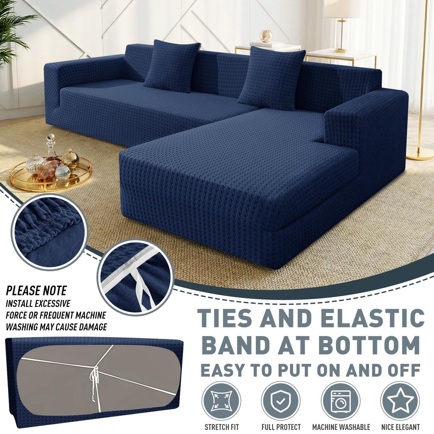 ZNSAYOTX Stretch Sectional Couch Covers New-Houndstooth Texture, Thick Slipcovers with Elastic Bottom for L Shape Sectional Sofa, 2 Pcs Pet Friendly Universal Protector (Sofa or Chaise), Navy Blue