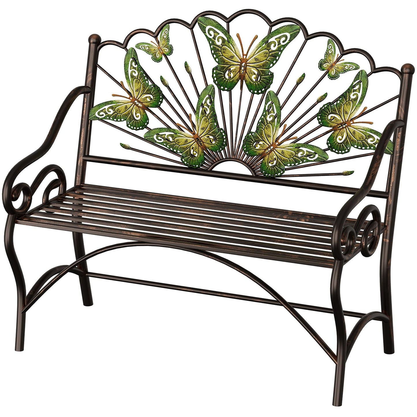 39.7" Arched Back Garden Bench, Metal Outdoor Bench with Scalloped Butterfly Pattern Backrest, Heavy Duty Patio Loveseat with Armrests & Slatted Seat for Front Porch, Backyard, Lawn & Park, Black