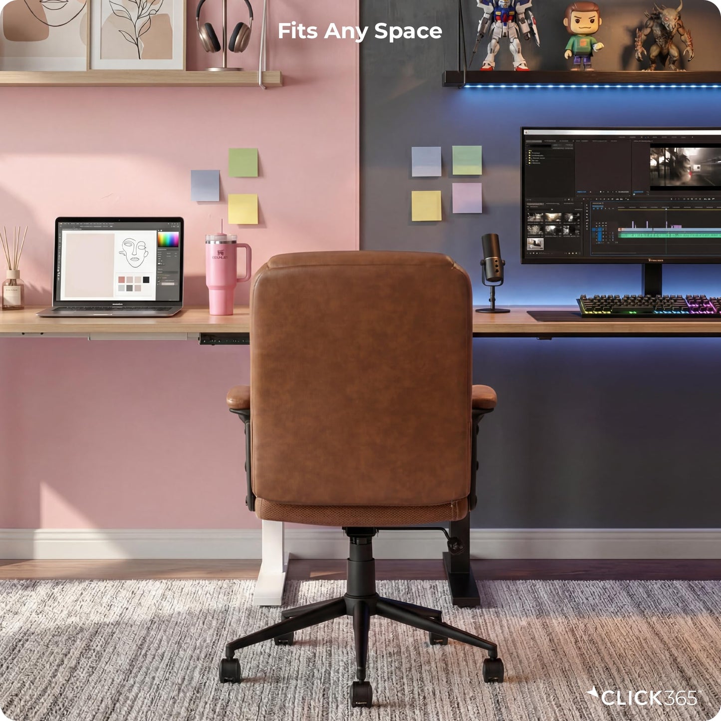 Click365 Transform 1.0 Ergonomic Office Chair, Mid Back Desk Chair with Padded Arms, Lumbar Support, Adjustable Height, Tilt Recline, Swivel Computer Chair, Bonded Leather, Cognac