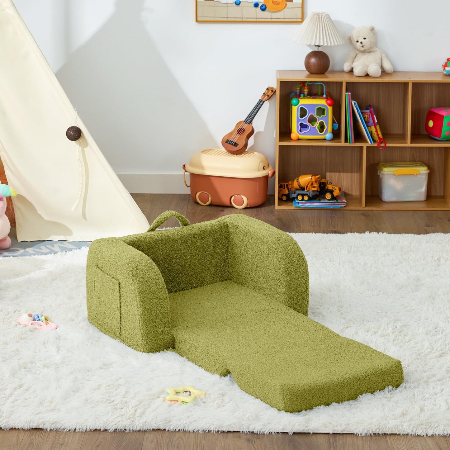 Toddler Couch, 2-in-1 Toddler Chairs Comfy 1-3 Years Old, Toddler Chair for Girls and Boys, Kids Couch Bed Fold Out, Convertible Baby Sofa to Lounge Chair for Playing, Reading, Napping, Green