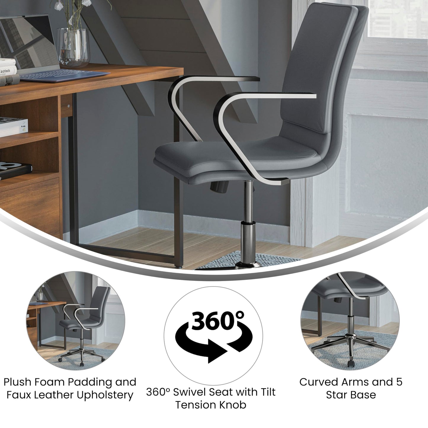 Flash Furniture James Mid-Back Designer Executive Office Chair - Gray LeatherSoft Upholstery - Brushed Chrome Base and Arms - Height Adjustable 360° Swivel Seat