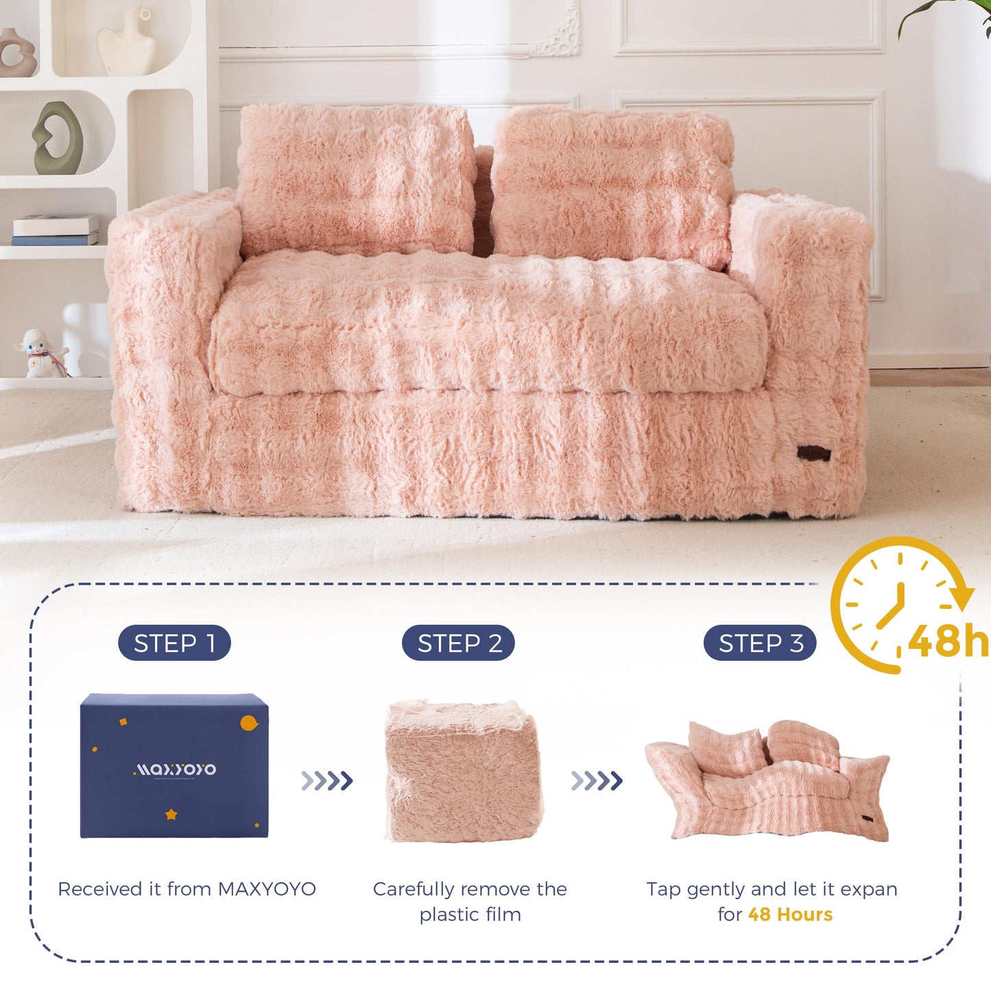 MAXYOYO Loveseat Sofa for Living Room, Small Sofa Couch Tufted Boneless Couch, Comfy Bean Bag Chair for Small Space Bedroom Apartment, No Assembly Needed, Pink