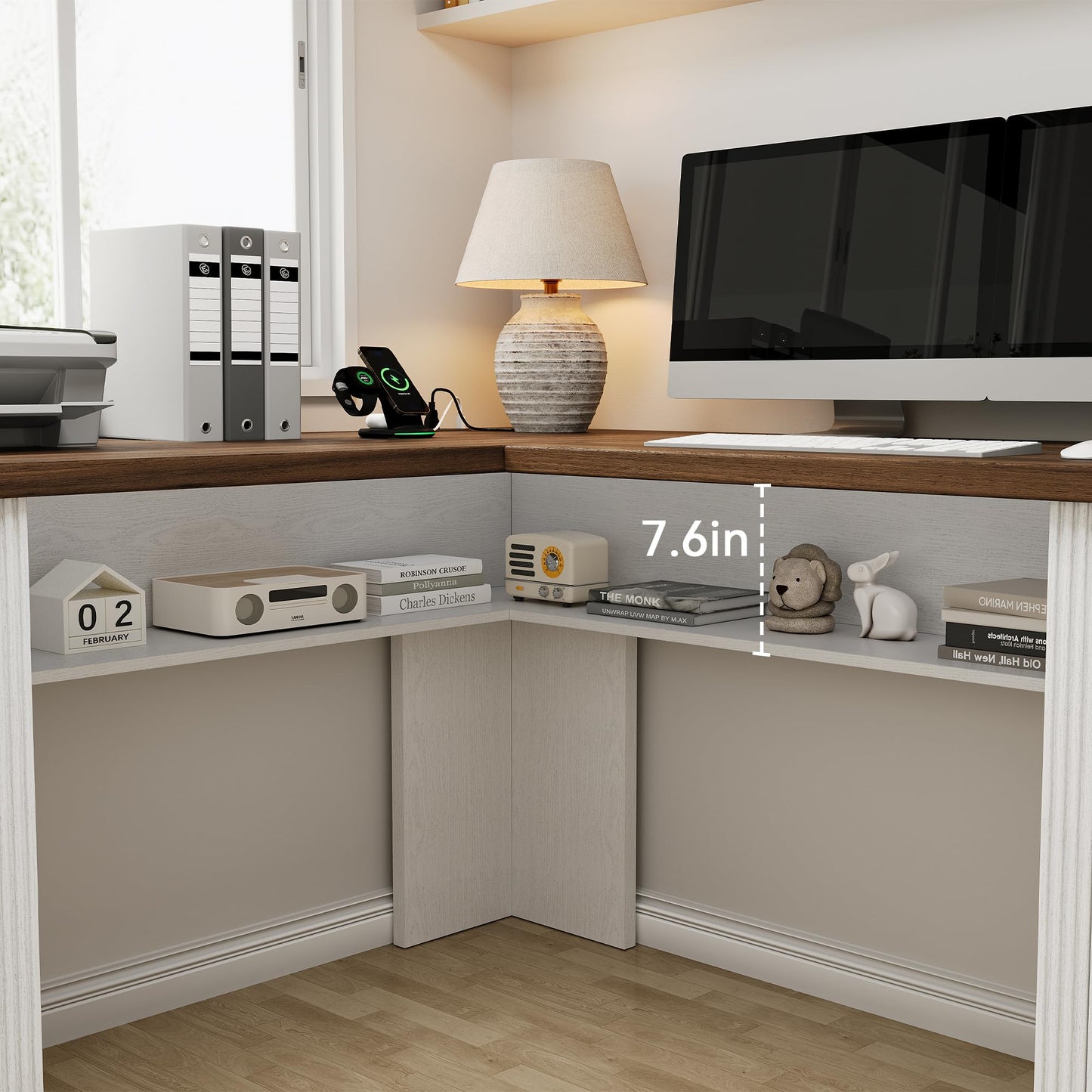 Farmhouse L Shaped Executive Desk with 4 Drawers and Charging Station, Wood Corner Home Office Computer Desk with File Cabinet Storage, Hidden Under Desk Storage Shelf, Headphone Hook - Brown+White