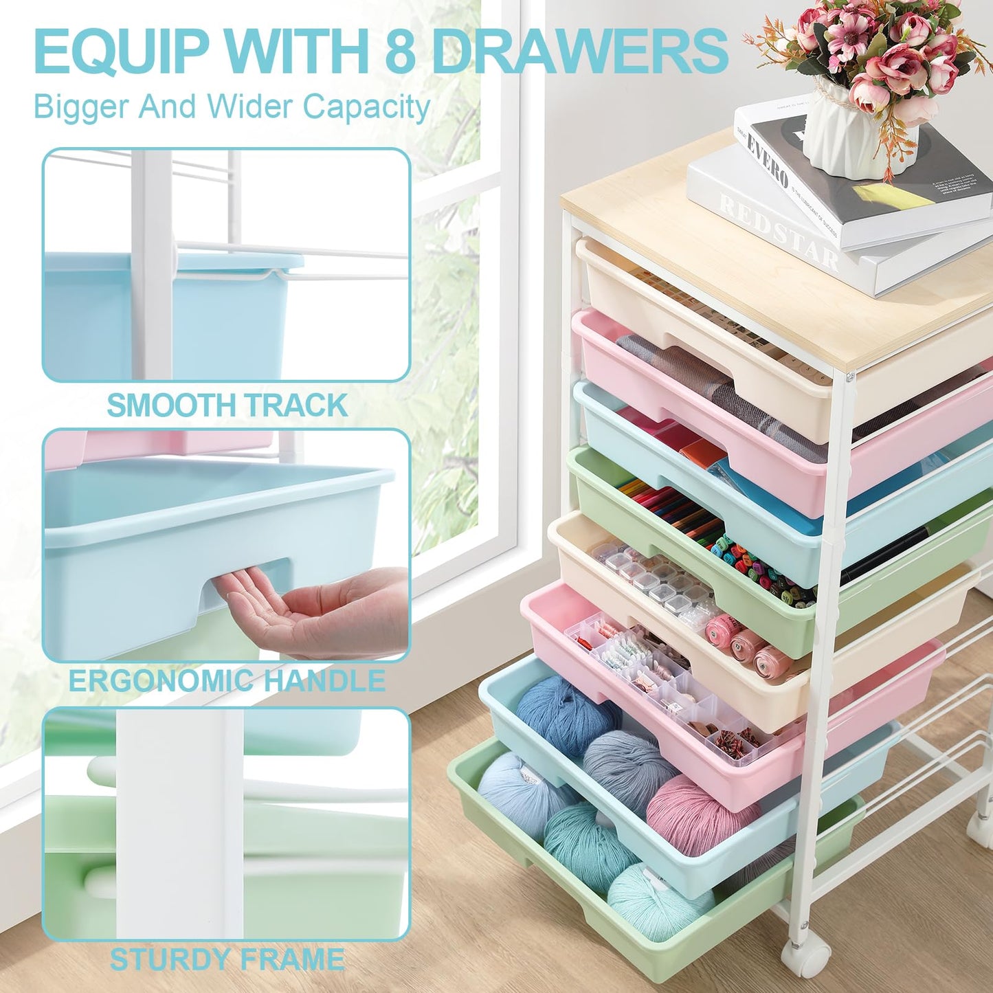 SYKIARIOL Rolling Storage Cart with Drawers,Utility Cart With 8 Drawers and Wooden Tabletop,Rolling Drawer Cart,Storage Drawer Cart for Living Room,Classroom,Bedroom,Bathroom,Dorm,Office,Rainbow