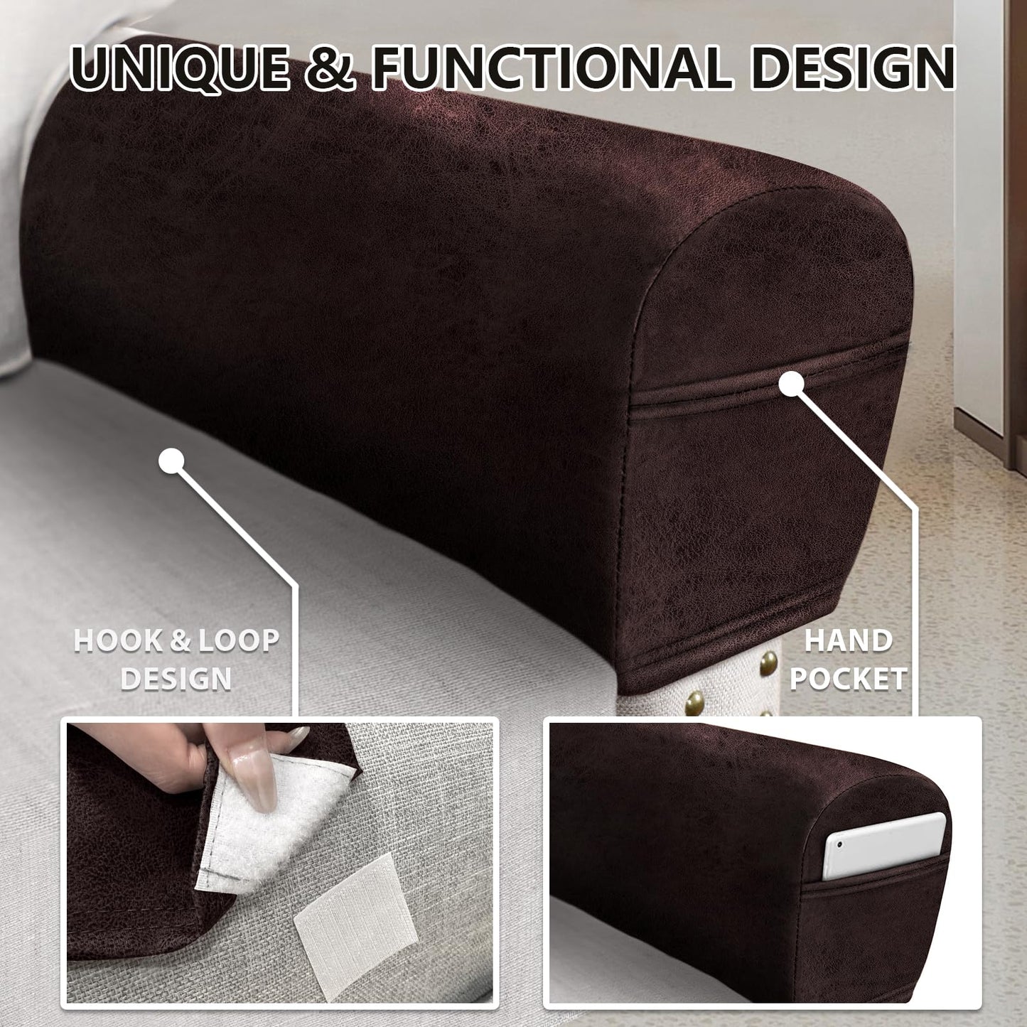 ANARACHON Leather Look Couch Arm Covers Set of 2 Armrest Covers for Sofa Chair Arm Protectors Stretch Armchair Slipcovers with Pockets Washable Spandex Fabric (Medium, Chocolate)
