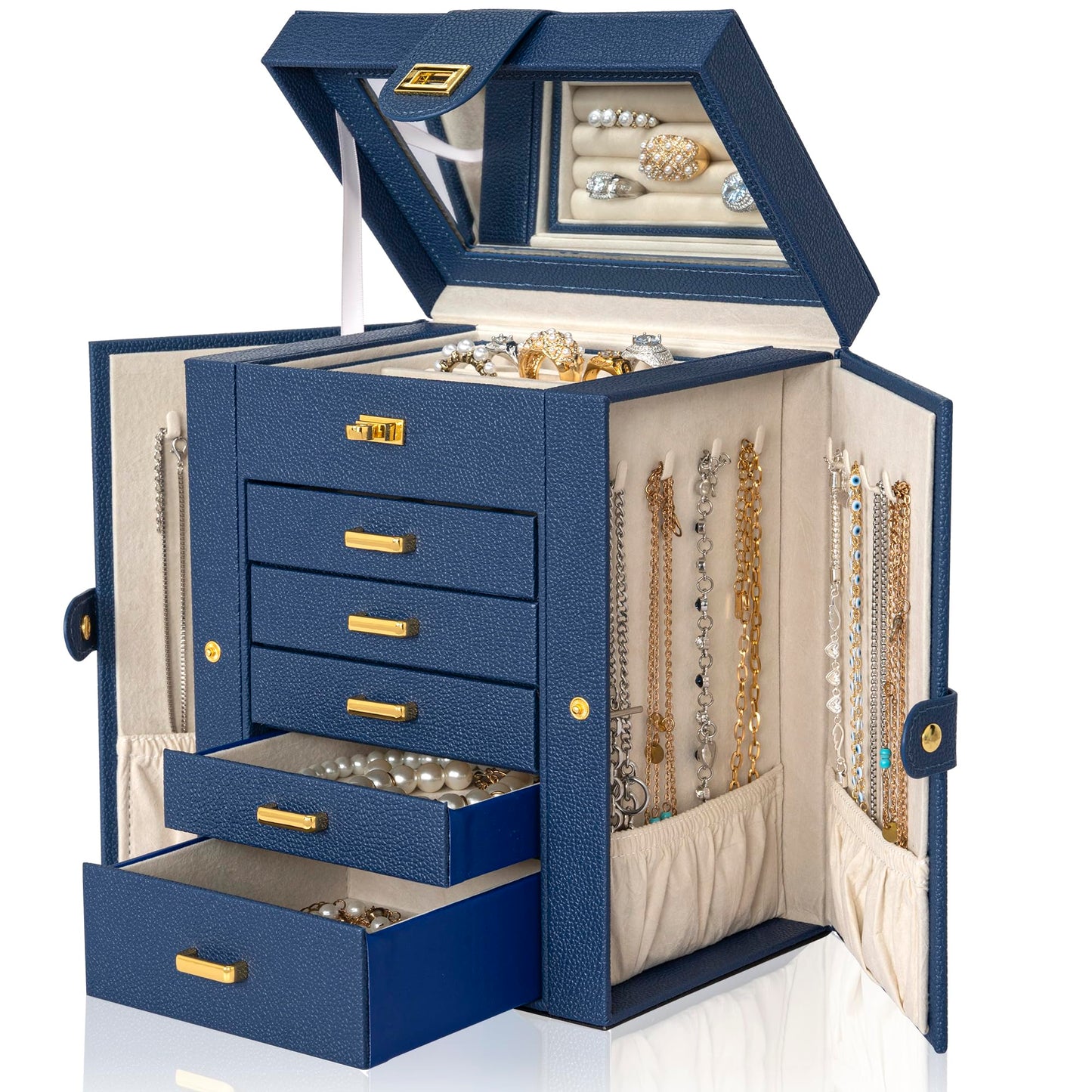 AKOZLIN 6-Tier Jewelry Box Organizer Functional 5 Drawers Leather Jewelry Storage Case for Women Girls Ring Necklace Earring Bracelet Holder Organizer with Mirror Blue Regular