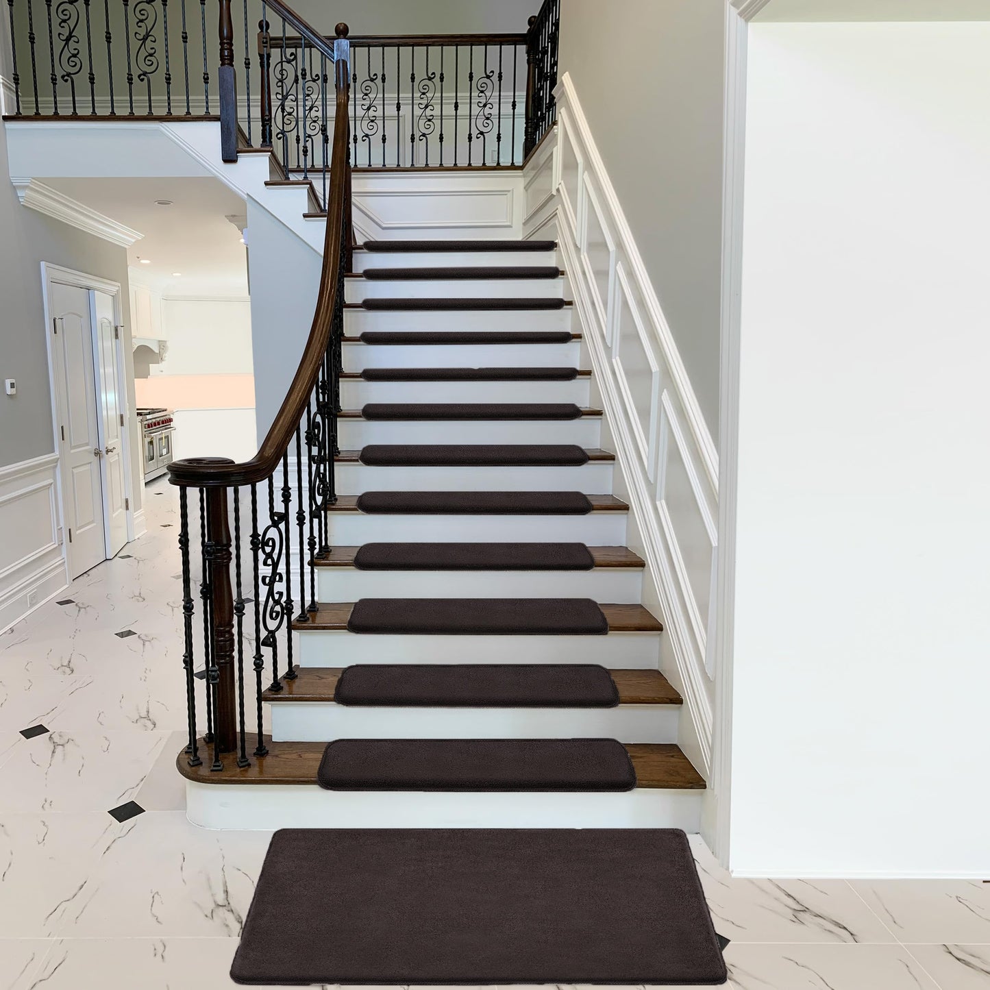 PURE ERA Carpet Stair Treads Ultra Plush 9.5" X 30"Soft Bullnose Indoor Stair Protectors Pet-Friendly Non-Slip Skid Resistant Tape Free Washable Reusable(2 Pieces,Dark Brown)