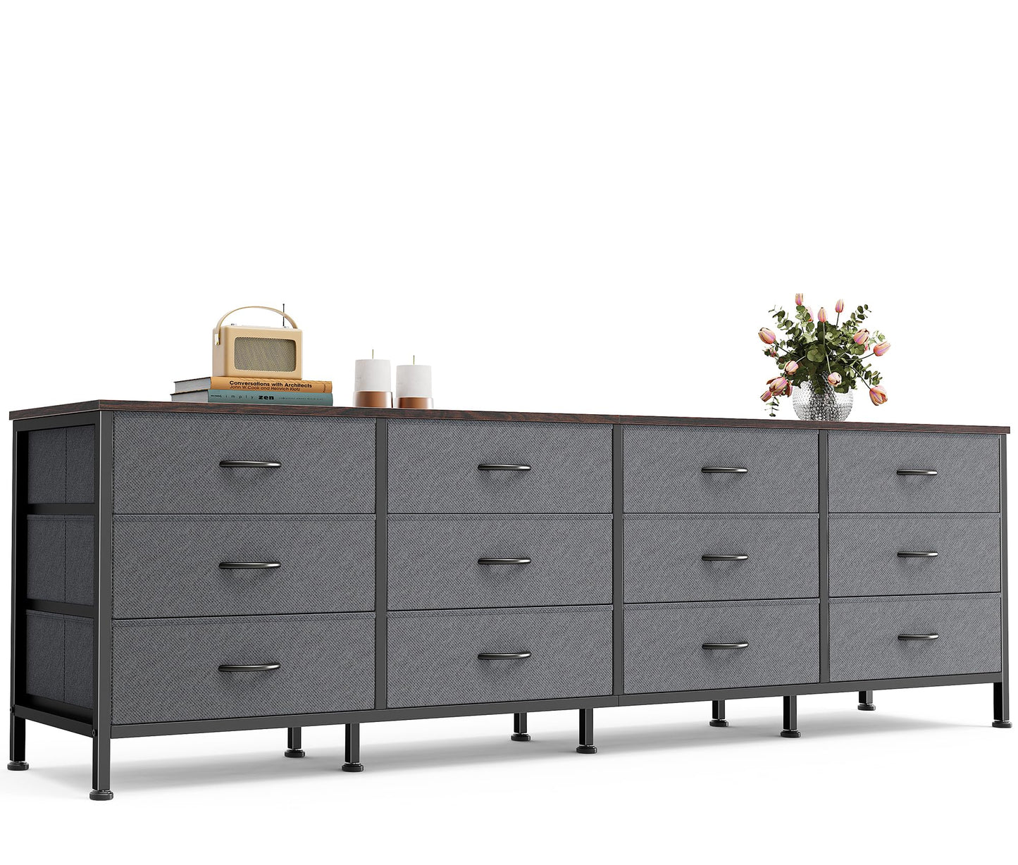 Huuger 70 Inch Dresser for Bedroom, TV Stand for 65, 75, 80 Inch TV, 12 Drawer Long Dresser, Large Storage Organizer Unit, Wide Chest of Drawer with Storage, Fabric Drawer for Living Room, Dark Grey