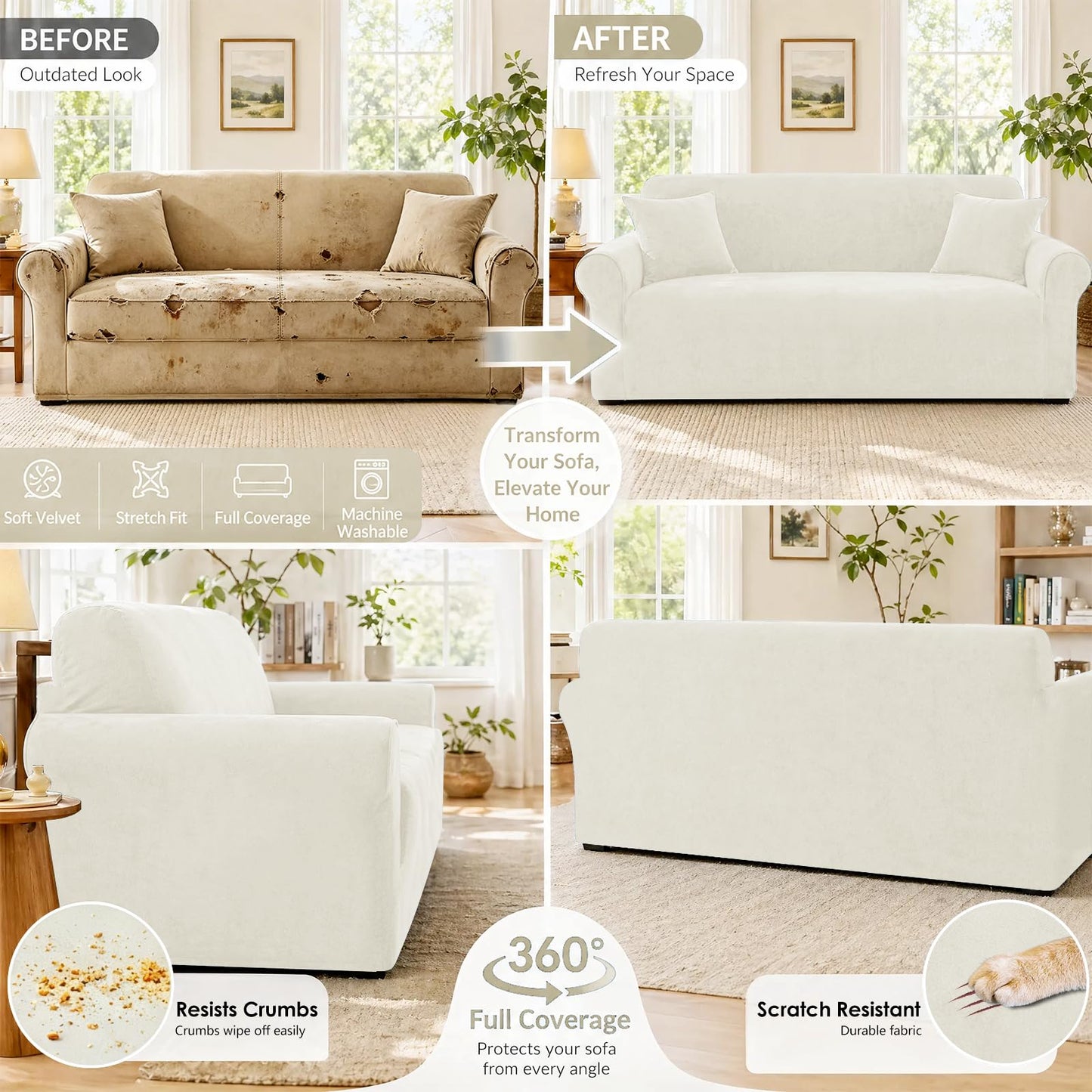 YEMYHOM Real Velvet Armchair Covers 1 Piece Stretch Chair Slipcovers Chair Protector for Living Room Thick Soft Chair Cover with Elastic Bottom Couch Cover for Pets Kids (31"-46", Beige)