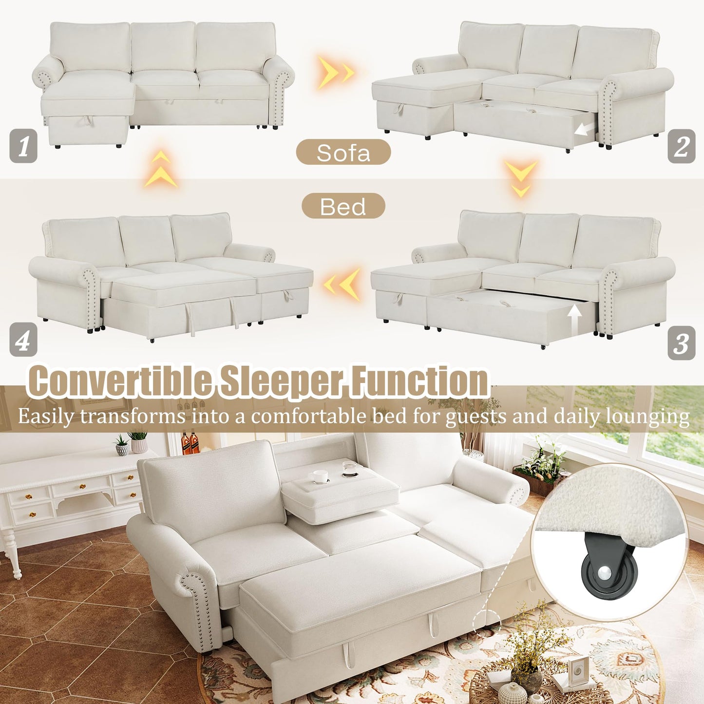 ERYE 95-Inch L-Shaped Reversible Sleeper Sectional Sofa Oversized Corner Pull Out Sleeper Couch Bed with Cup Holders and Nailhead Decor, Comfy Chenille Upholstered Corner Sofa Bed