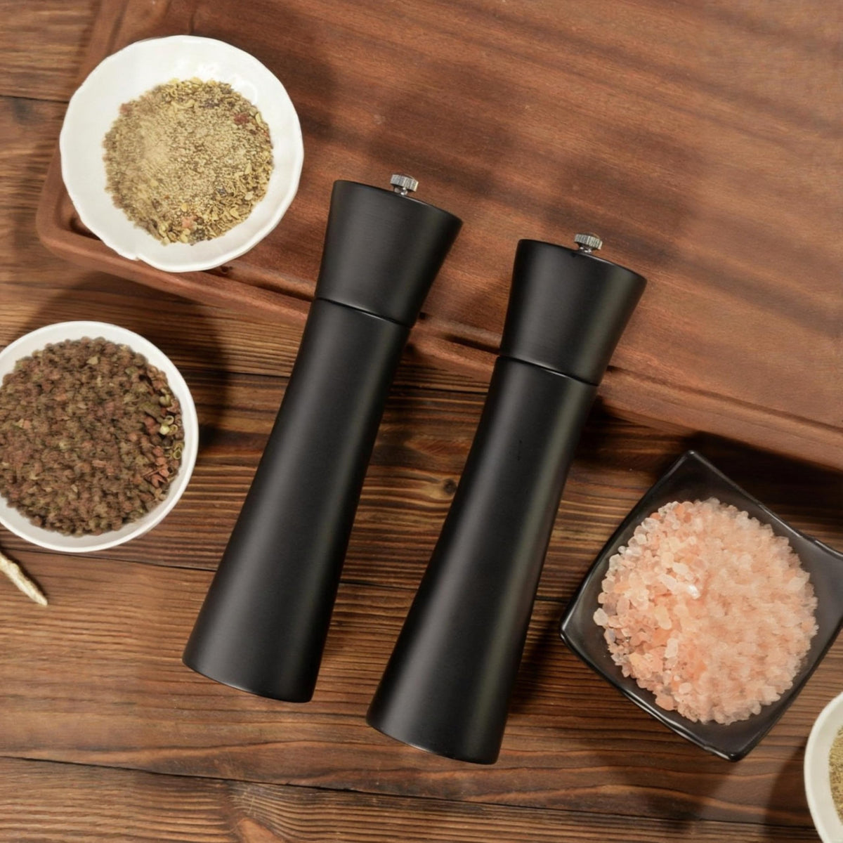 Black Salt and Pepper Mill Set with Stand, 8.5 inch, Matte Black Grinders, Adjustable Ceramic Mechanism