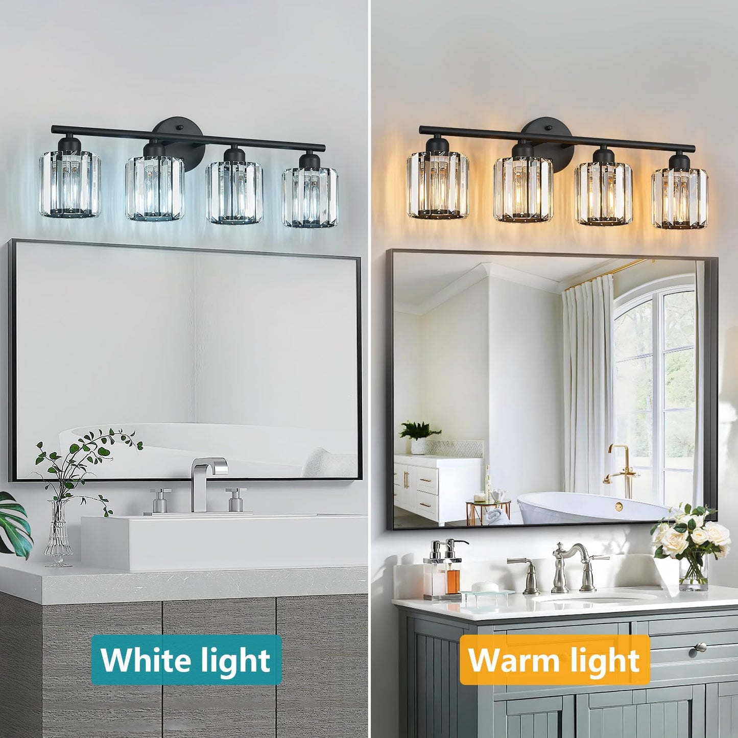 FDPBY Modern 4 Light Crystal Vanity Light, Black Vertical Bathroom Light Fixture Over Mirror for Dressing Table Sink, Compatible with Dimmable Bulbs (Bulbs Not Included)