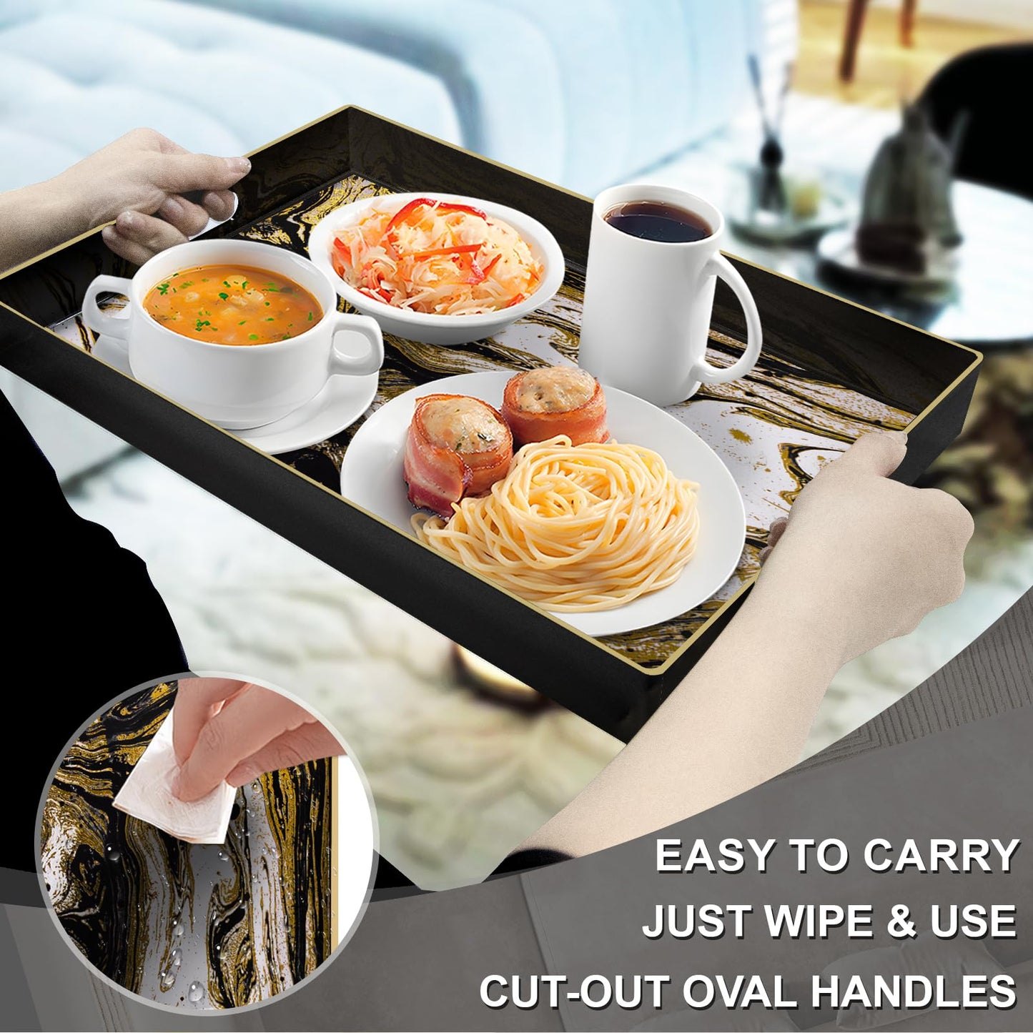 MAONAME Black Decorative Tray with Handles, Plastic Serving Tray for Coffee Table, Marbling Rectangular Trays for Ottoman, Bathroom, Storage, 15.7" Lx 10.2" W X 1.57" H