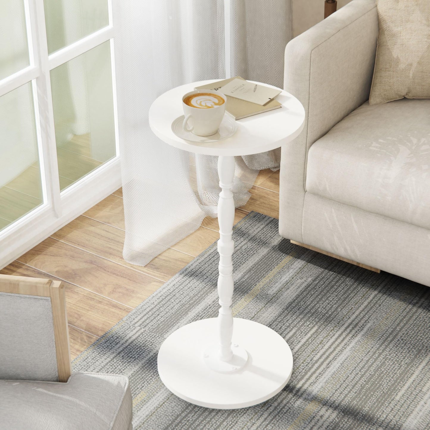 Lifenite Wood Drink Table, Round Side Table for Small Spaces, Pedestal End Table Modern Accent Nightstand for Living Room, Bedroom, Office, Sofa Corners, White