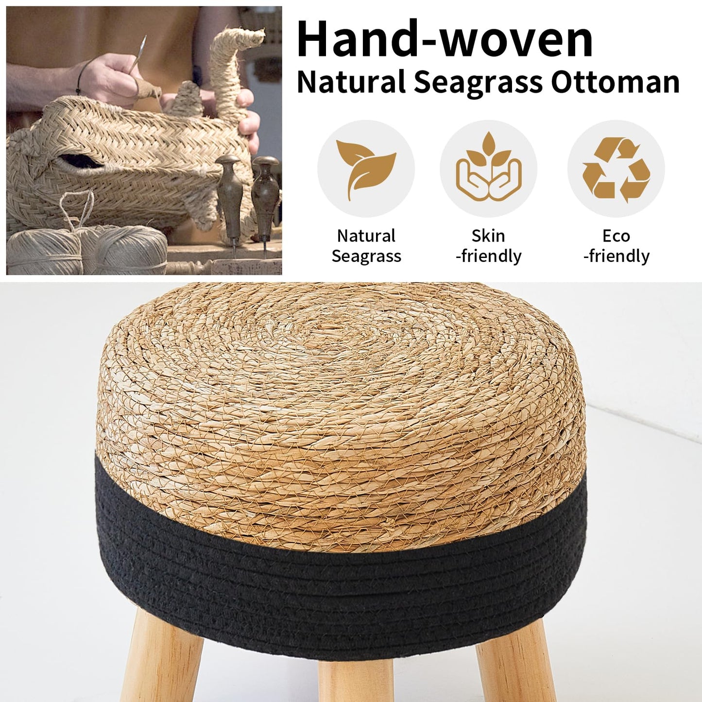ALeesing Round Ottoman Natural Seagrass Footstool, Foot Stool with 4 Wood Legs, Hand Woven Round Footstool, Sofa Stool, Multifunctional Modern Dressing Stool, Sofa Side Table for Bedroom (Black)
