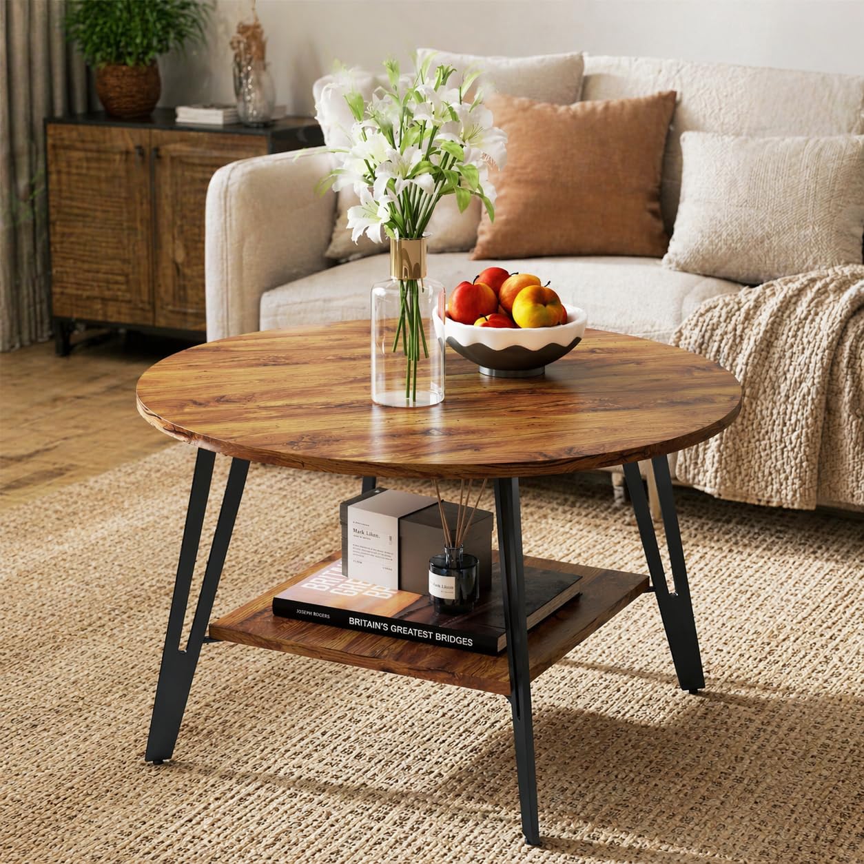 Manora Round Coffee Table, Modern Wood Round Center Table with Storage Shelf, Small Circle Coffee Table for Living Room, Home Office, Small Space, Apartment, Rustic Brown