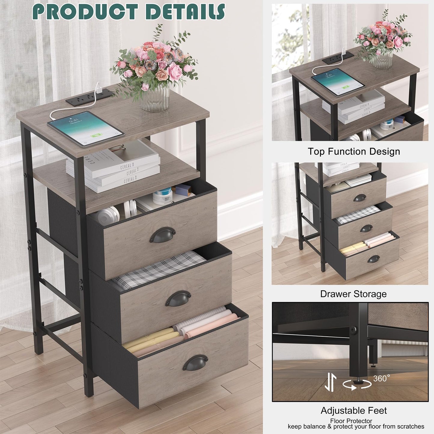 sthmec Nightstand with Charging Station,LED Nightstand with 3 Fabric Drawers, Bedside End Tables, 2-Tier Open Storage Shelf, Side Table Nightstand with Drawers for Bedroom,Grey