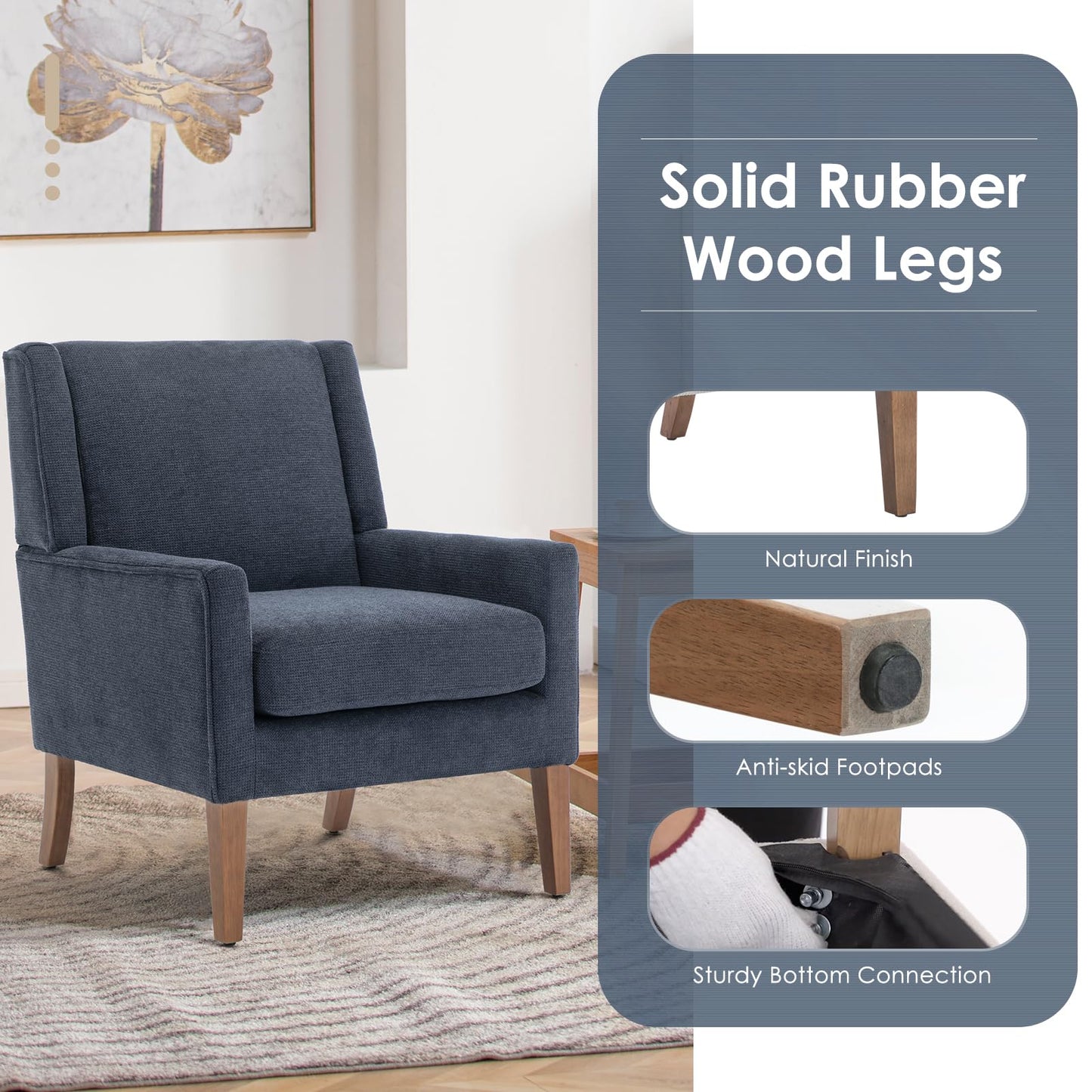 COLAMY Modern Wingback Living Room Chair Set of 2, Upholstered Fabric Accent Armchair, Single Sofa Chair with Lounge Seat and Wood Legs for Bedroom/Office/Reading Spaces, Blue