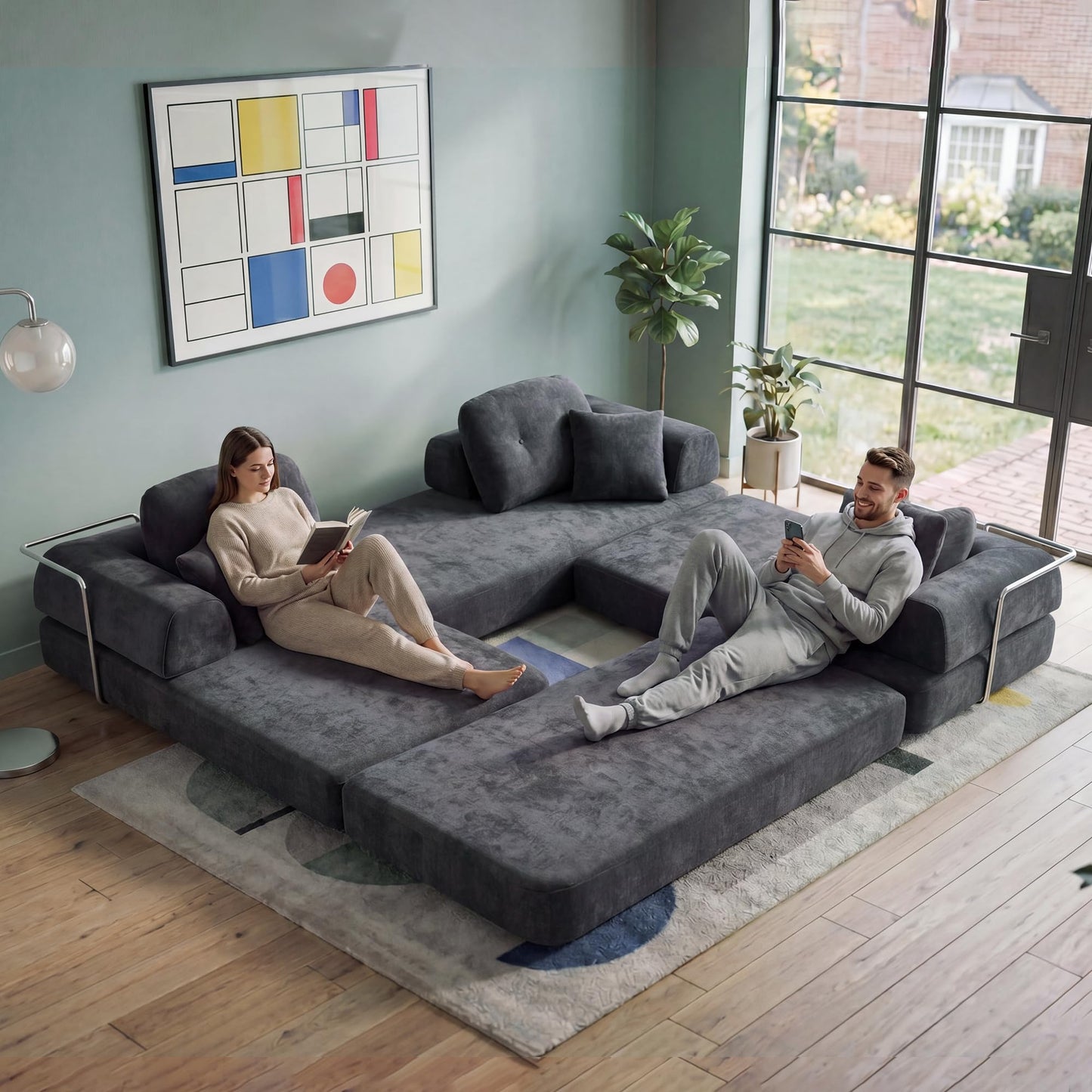 YasuSoofa Boneless Sectional Couch with Chaise, Convertible L-Shape Floor Sleeper with High Headrest, Modular Sofa Bed for Living Room Apartment, No Assembly, Gray