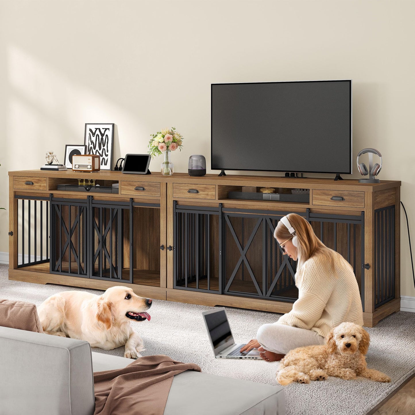 YITAHOME 63 Inch Double Dog Crate TV Stand with Charging Station, Heavy Duty Wooden Cage Furniture for 2 Dogs, Dog Kennel Indoor Furniture Double Sliding Barn Door Design Ideal for 2 Dogs, Oak