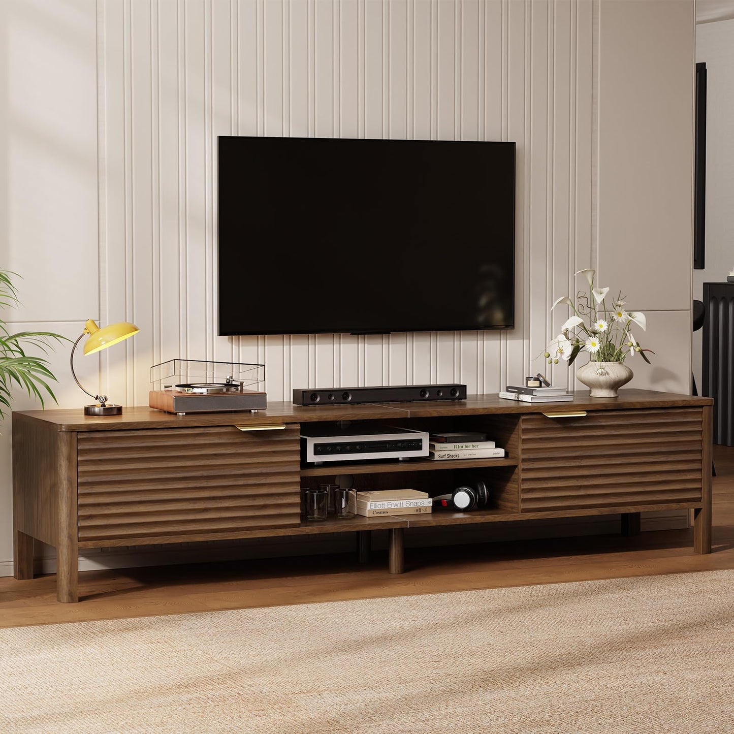 IKALIFE TV Stand for Living Room - up to 80 Inch TVs Mid Century Modern Entertainment Center with Storage and Adjustable Shelves, Media Console Table Walnut 70"