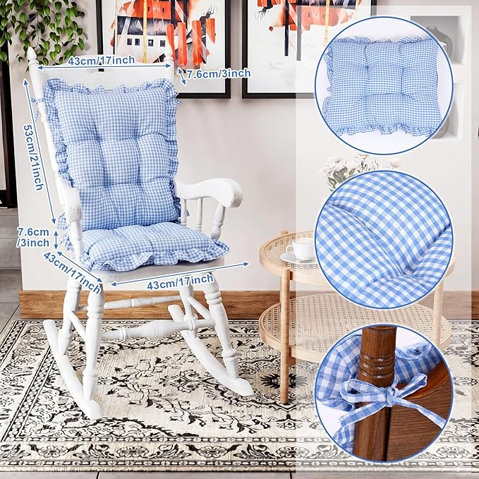 Lewtemi 2 Set Blue Gingham Rocking Chair Cushion Village Ruffled Rocking Chair