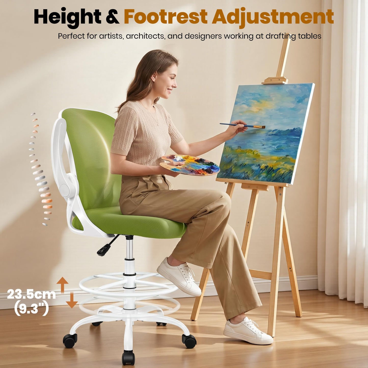 Primy Drafting Chair Tall Office Chair with Flip-up Armrests Executive Ergonomic Computer Standing Desk Chair with Lumbar Support and Adjustable Footrest Ring (AvocadoGreen)