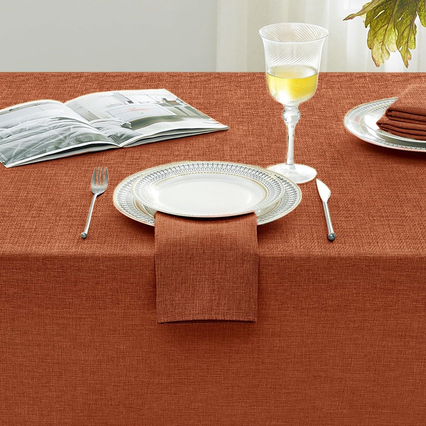 Softalker Fall Linen Textured Rectangle Tablecloth, Thanksgiving Waterproof Farmhouse Burlap Table Cloth, Stain Resistant Table Covers for Kitchen Dining Holiday Party (60 x 104, Burnt Orange)