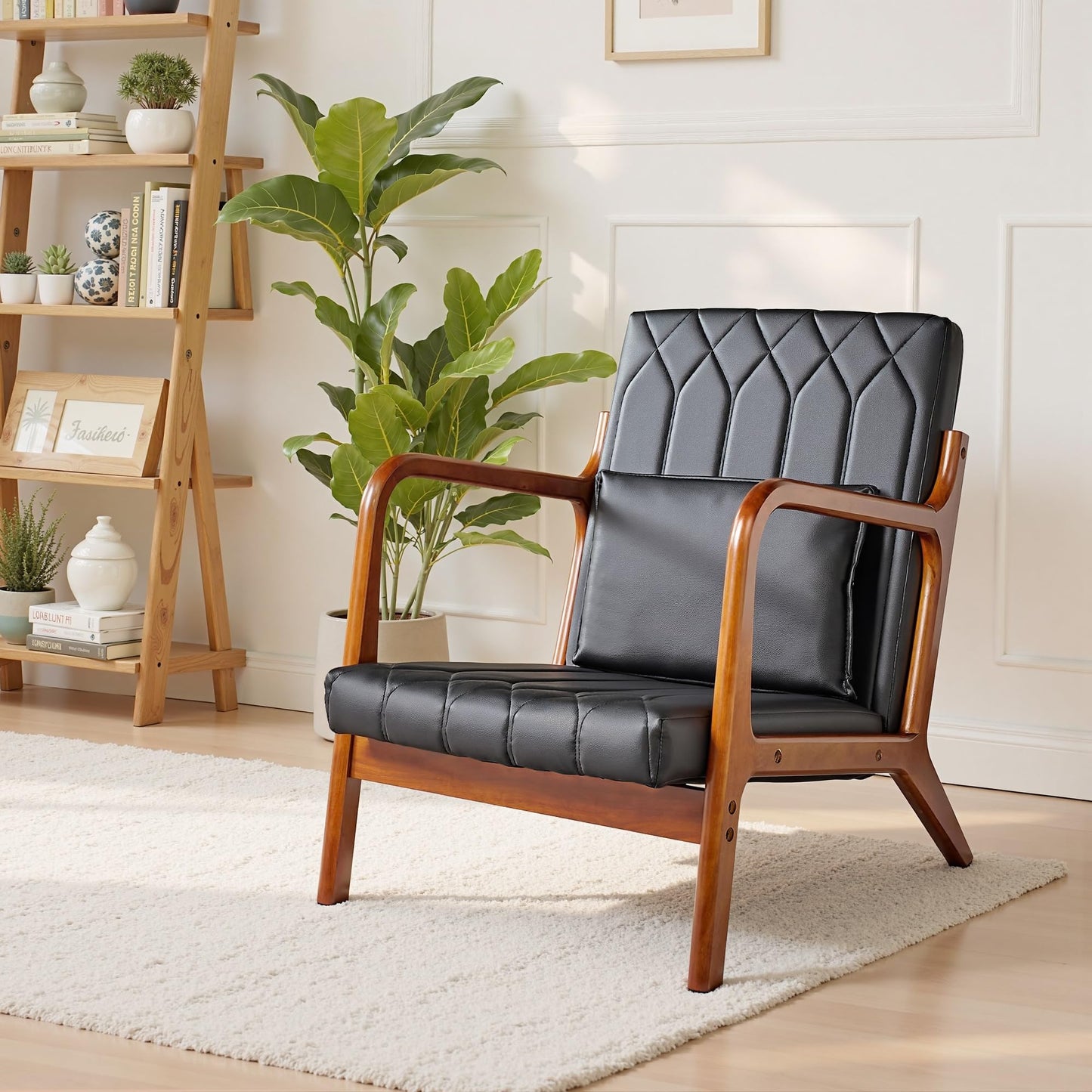 VECELO Mid-Century Modern Accent Chair with Faux Leather Cushion & Solid Wood Frame, Lounge Armchair for Living Room, Bedroom, Office, Black