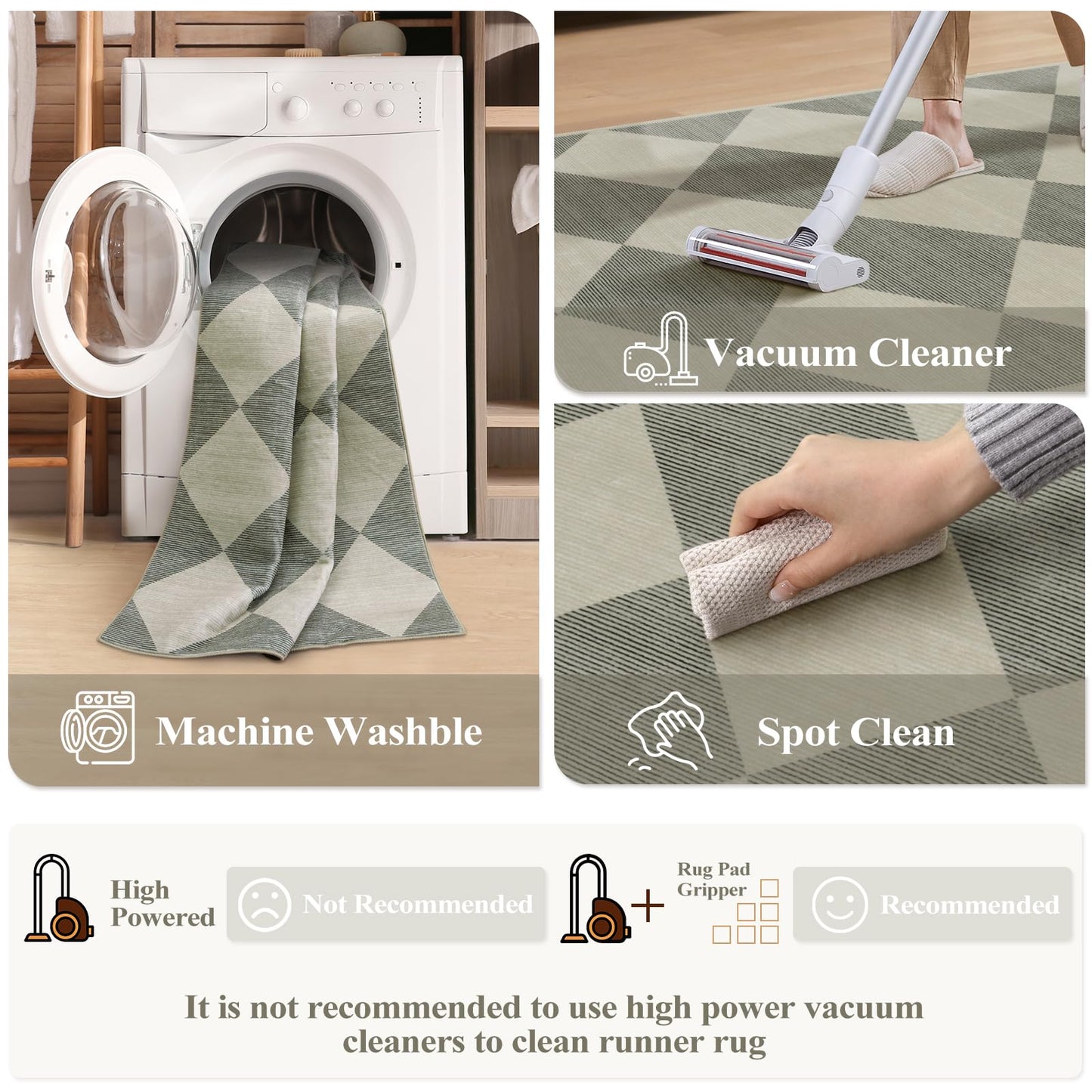 Beeiva Checkered Print Hallway Runner Rug Non Slip, Ultra Thin Washable Kitchen Runner Rug 2x6, Moroccan Neutral Green Soft Floor Carpet for Bedroom Laundry Room, Minimalist Diamond Hallway Decor